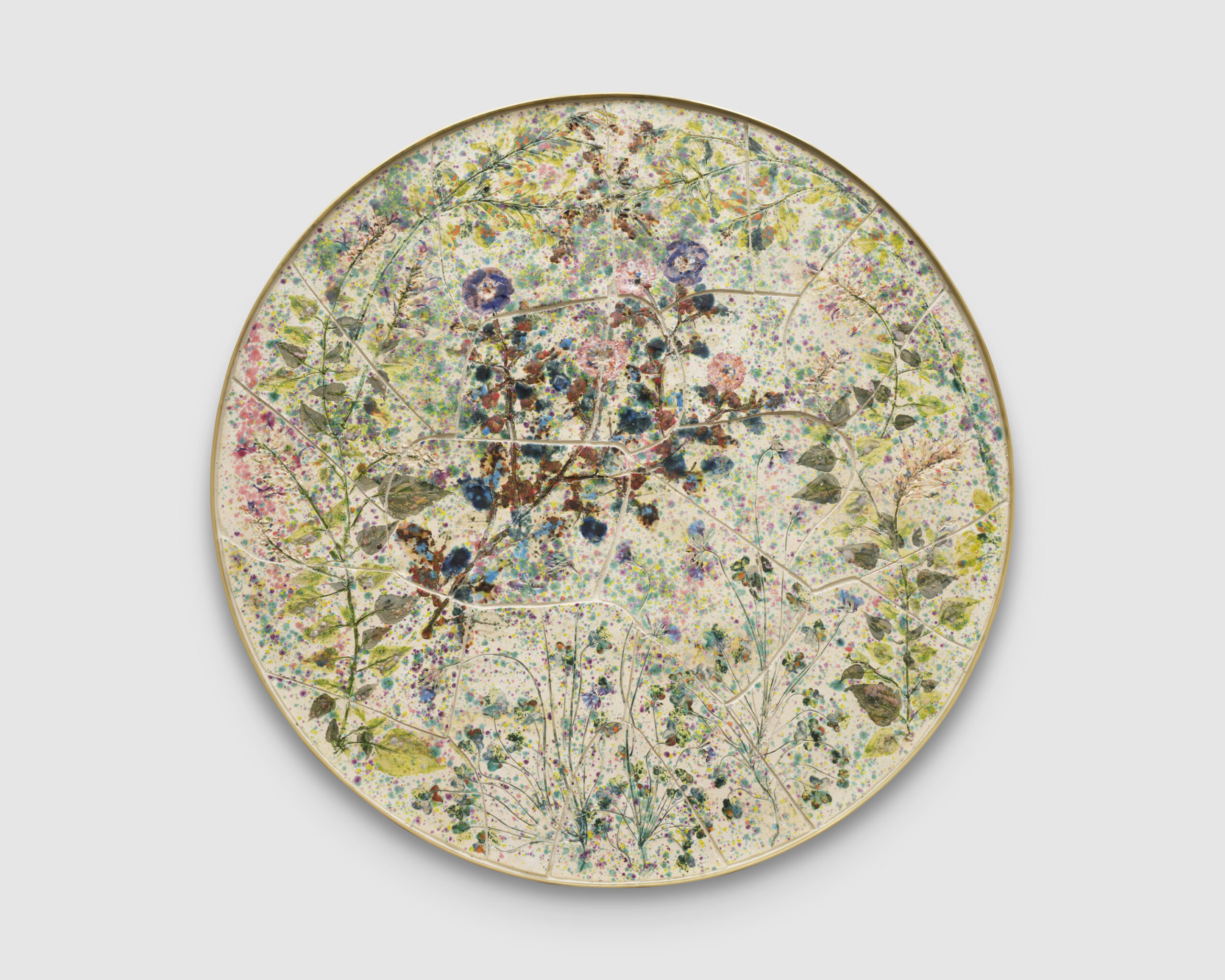 Sam Falls<br><em>Under the Same Moon</em>, 2025<br>Glazed ceramic, glass, and brass frame<br>46 1/4 x 46 1/4 x 2 inches / 117.5 x 117.5 x 5.1 cm