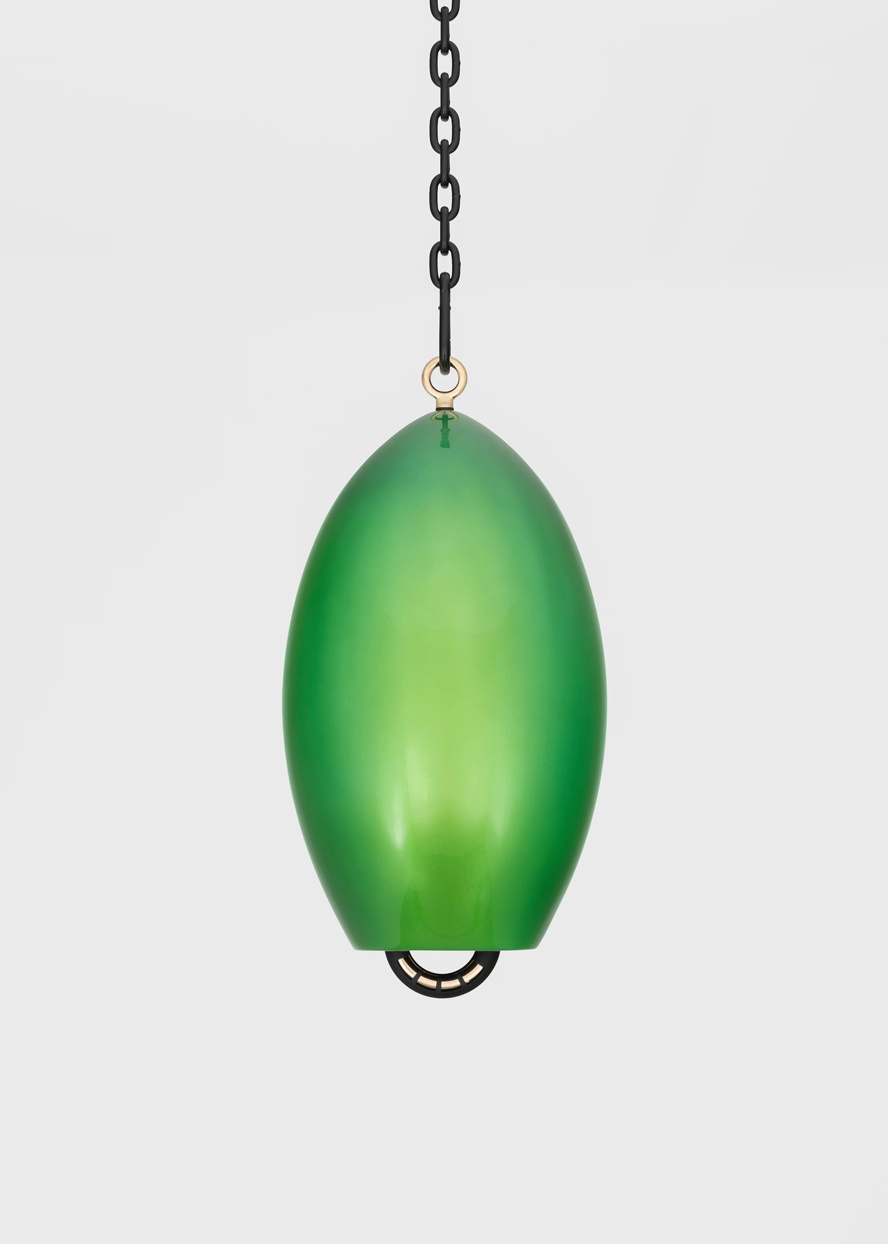 Davina Semo<br><em>Seed</em>, 2025<br>Cast bronze bell, UV protected 3-stage catalyzed urethane automotive finish, polished bronze clapper with sleeve, hemp shibari rope, polished and plated stainless steel hardware, powder-coated stainless steel hardware, powder-coated zinc-plated steel<br>22 x 12 x 12 inches / 55.9 x 30.5 x 30.5 cm<br>Overall dimensions variable<br>Weight: 44 lbs