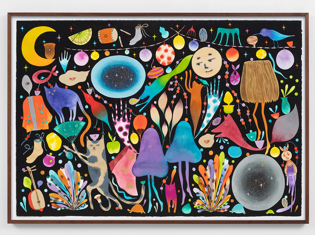 Masako Miki<br><em>Cat Spirit Leading the Procession</em>, 2025<br>Ink and gouache on paper<br>45 3/8 x 63 7/8 x 2 inches / 115.3 x 162.2 x 5.1 cm