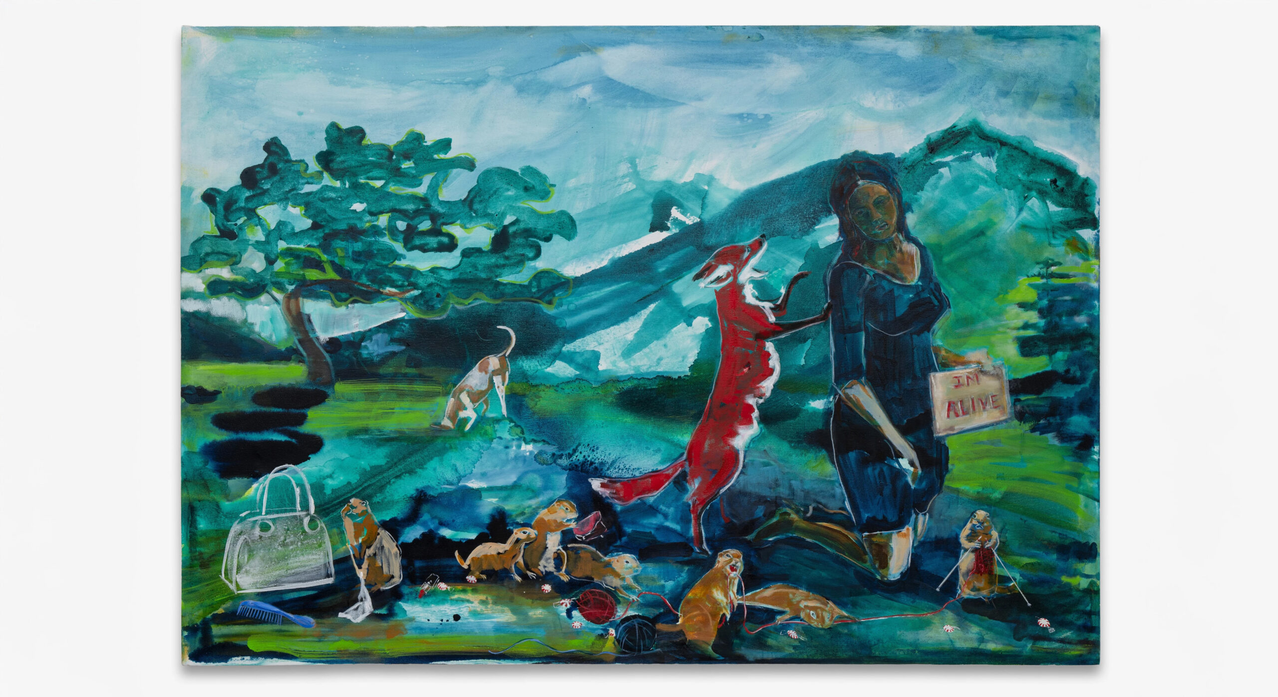 Julie Buffalohead<br><em>I'm Alive</em>, 2025<br>Oil on canvas<br>45 1/2 x 66 x 2 3/4 inches / 115.6 x 167.6 x 7 cm