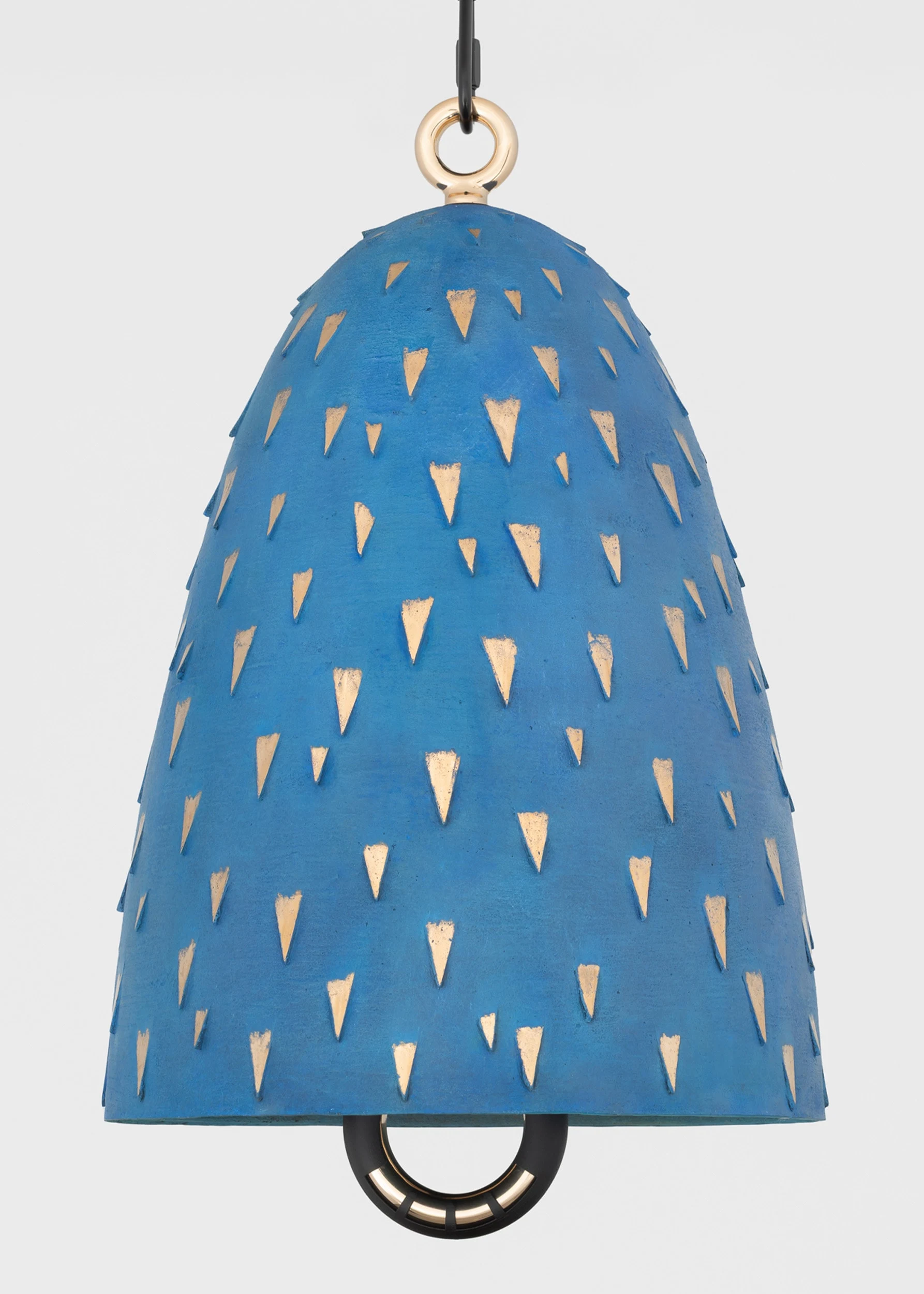 Davina Semo<br><em>Ravish</em>, 2025<br>Polished and patinated cast bronze bell, polished bronze clapper with sleeve, polished and plated stainless steel hardware, hemp shibari rope, powder-coated stainless steel hardware, powder-coated zinc-plated steel chain<br>26 1/2 x 18 1/4 x 18 1/4 inches / 67.3 x 46.4 x 46.4 cm<br>Overall dimensions variable<br>Weight: 205 lbs