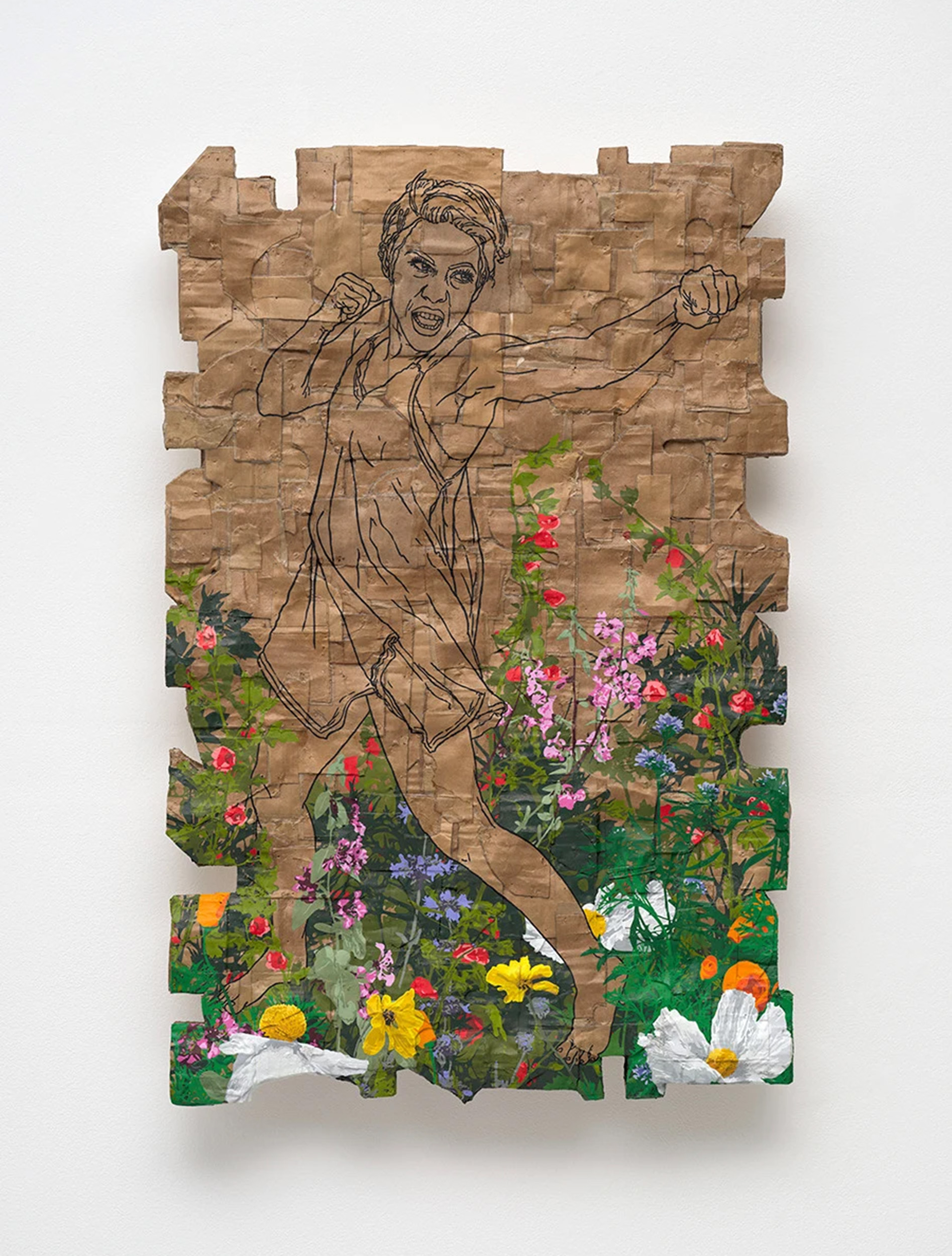 Andrea Bowers<br><em>Self-Defense With Flowers</em>, 2025<br>Acrylic on cardboard<br>30 x 19 1/2 x 3 inches / 76.2 x 49.5 x 7.6 cm