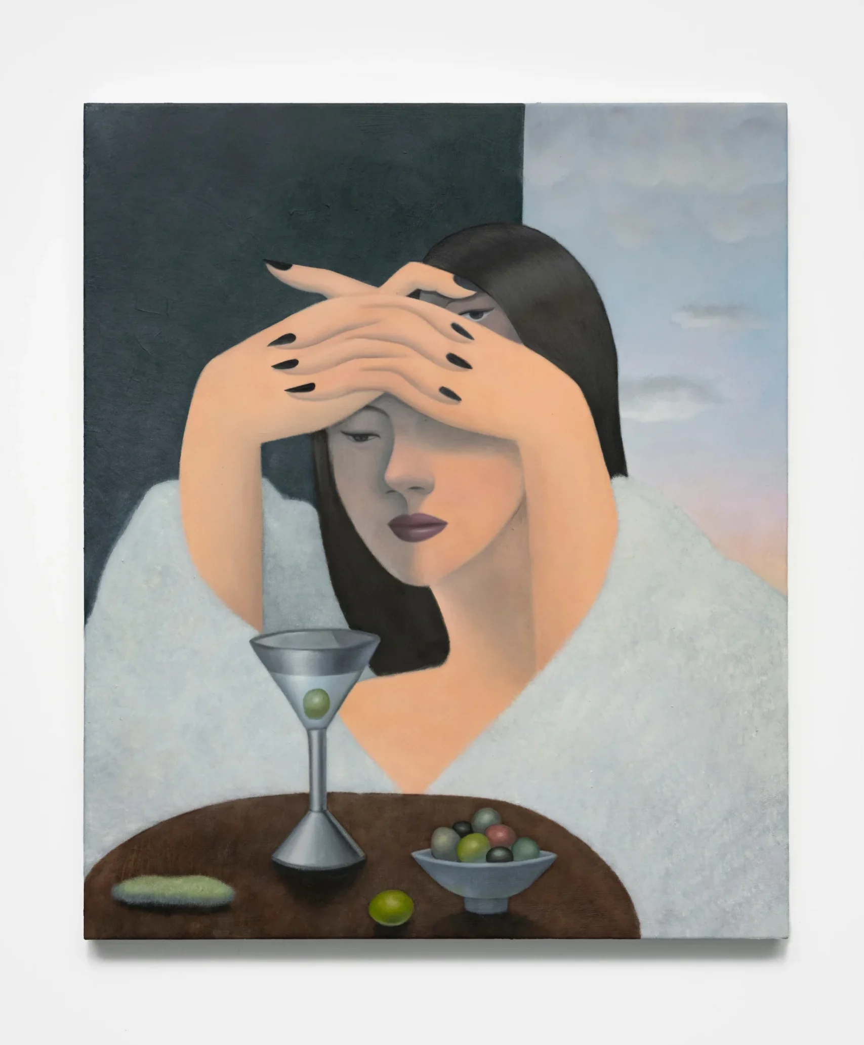 <p>GaHee Park<br /><em>Woman with Cocktail, Olives, and Caterpillar</em>, 2023–2025<br />Oil on canvas<br />38 x 32 inches / 96.5 x 81.3 cm</p>
