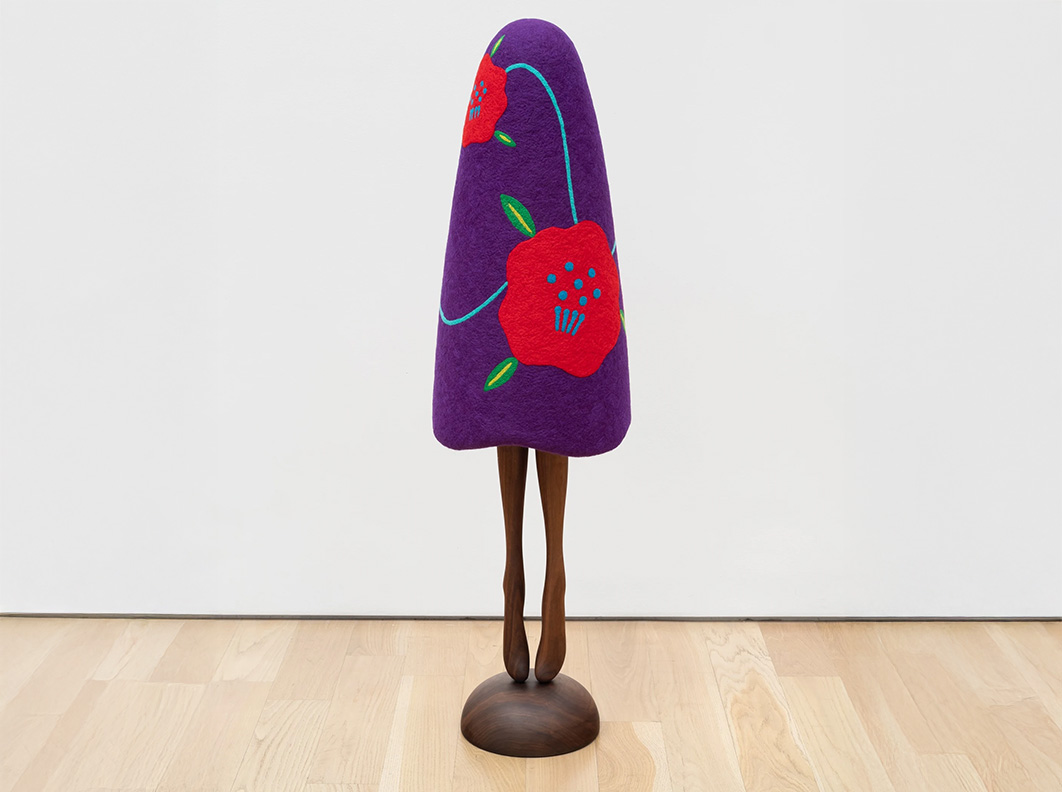 Masako Miki<br><em>Resilient Camellia Umbrella</em>, 2025<br>Wool on XPS foam, walnut wood<br>54 x 14 x 14 inches / 137.2 x 35.6 x 35.6 cm