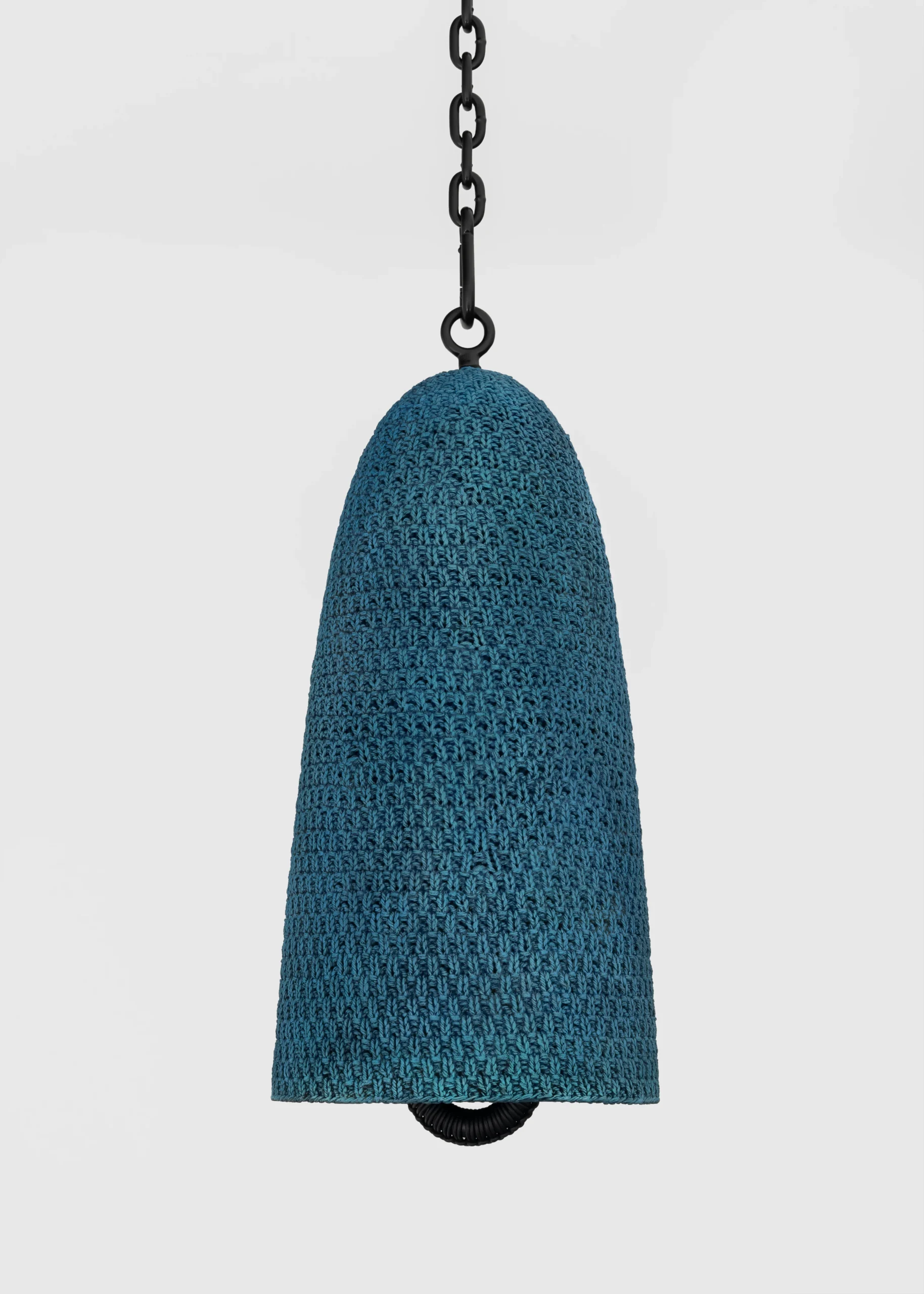 Davina Semo<br><em>Conjure</em>, 2025<br>Patinated cast bronze bell, leather-wrapped polished bronze clapper, hemp shibari rope, powder-coated stainless steel hardware, powder-coated zinc-plated steel chain<br>24 x 11 1/4 x 11 1/4 inches / 61 x 28.6 x 28.6 cm<br>Overall hanging dimensions variable<br>Weight: 57 lbs