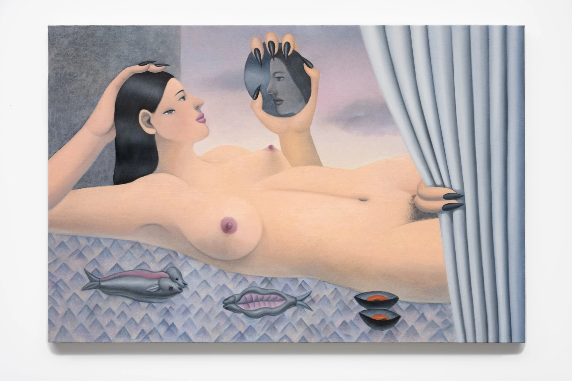 <p>GaHee Park<br /><em>Woman and Mirror</em>, 2025<br />Oil on linen<br />32 x 48 x 1 5/8 inches / 81.3 x 121.9 x 4.1 cm</p>

