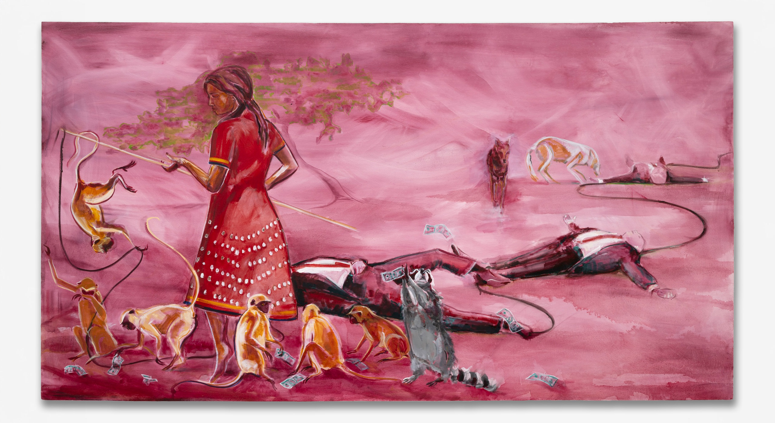 Julie Buffalohead<br><em>She who strews the ground with a long line of dark bodies of slain men</em>, 2025<br>Oil on canvas<br>46 x 84 inches / 116.8 x 213.4 cm
