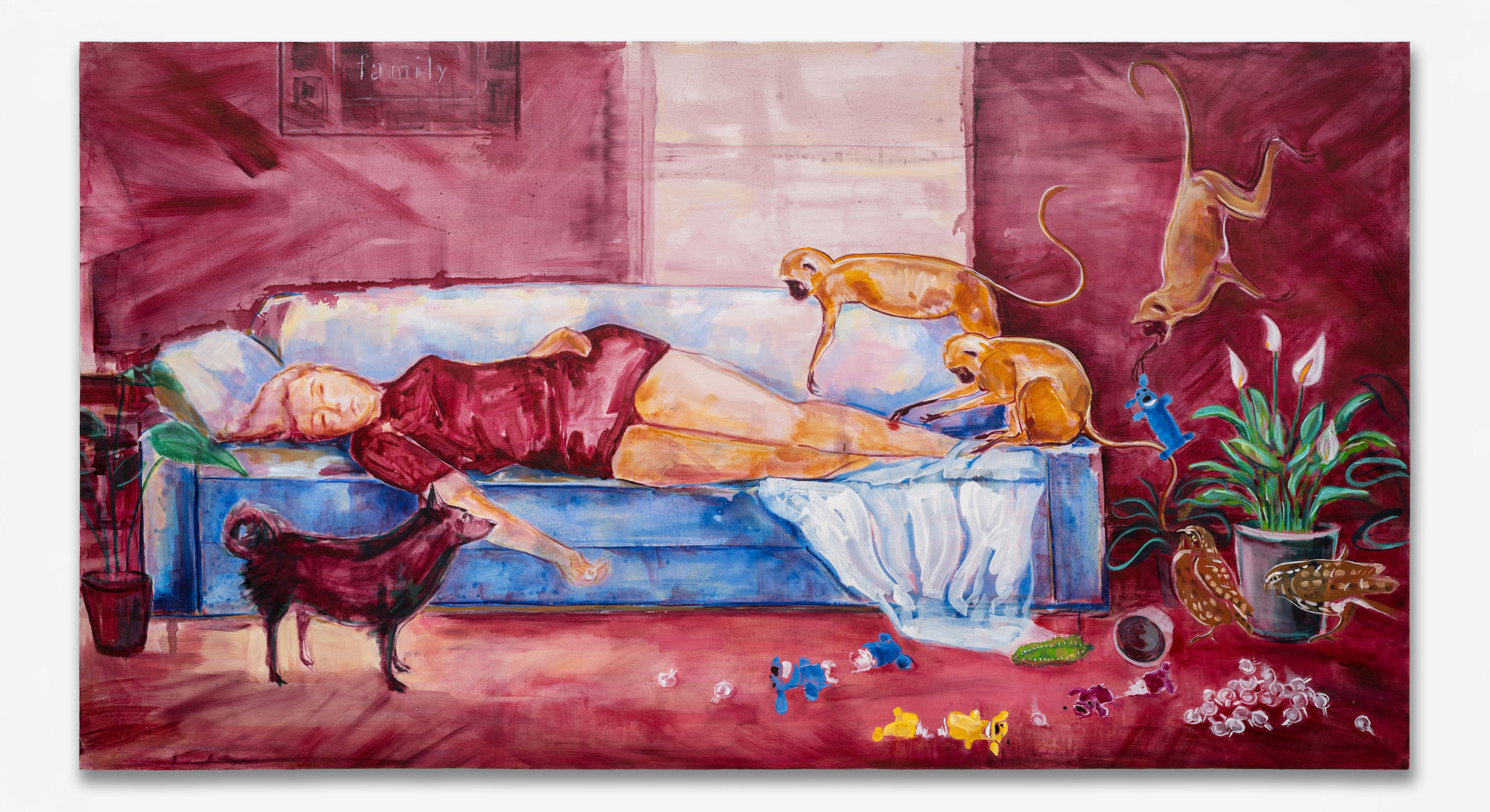 Julie Buffalohead<br><em>Ishtinike</em>, 2025<br>Oil on canvas<br>46 x 84 inches / 116.8 x 213.4 cm