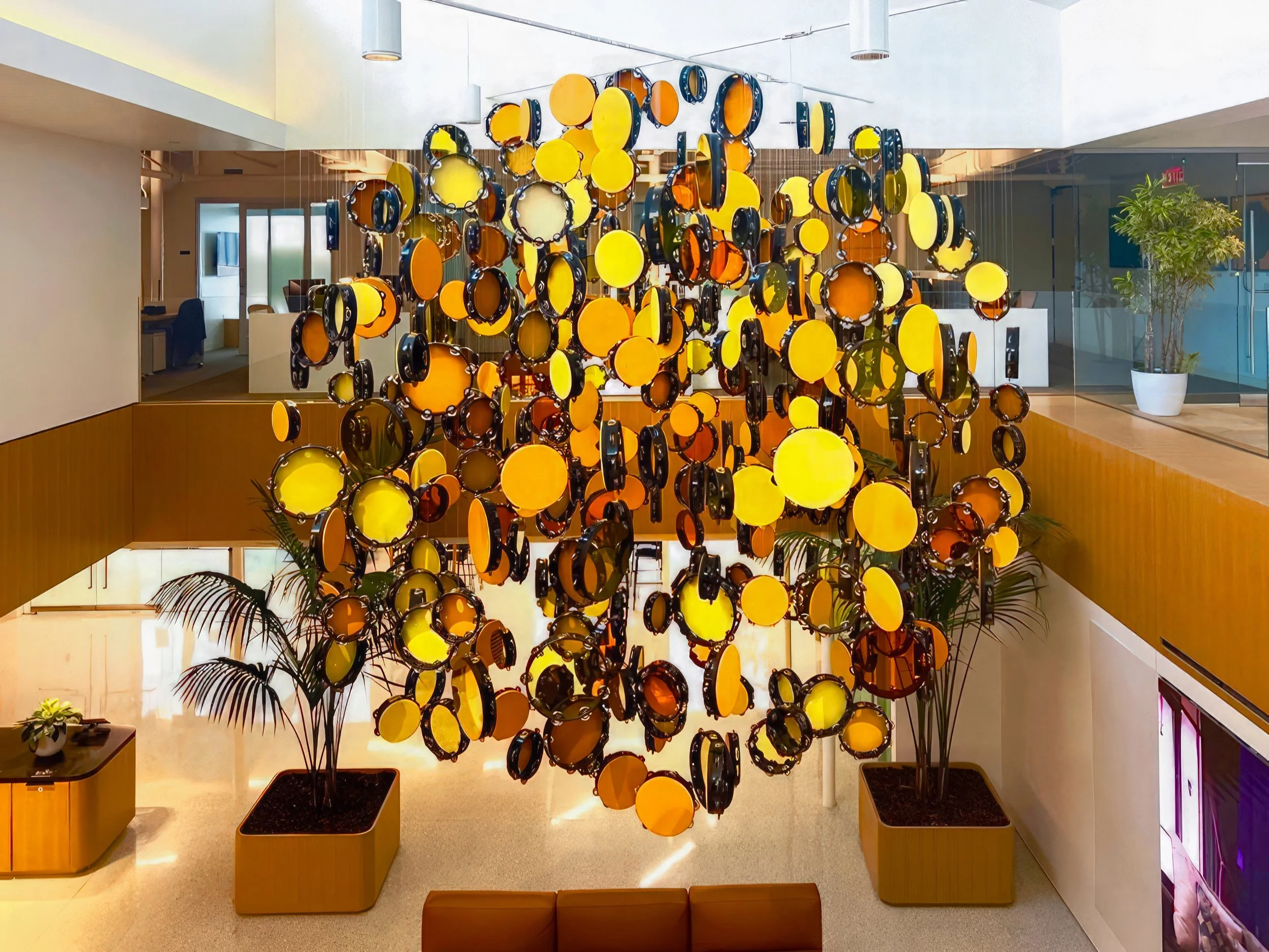 <p>Lava Thomas<br /><em>Feel What I Feel in the Sunshine</em>, 2022<br />Tambourines, leather, suede, Plexiglas, mirrored acrylic, monofilament wire, S-hooks, aluminum grid, steel<br />120 x 120 x 120 inches / 304.8 x 304.8 x 304.8 cm</p>
