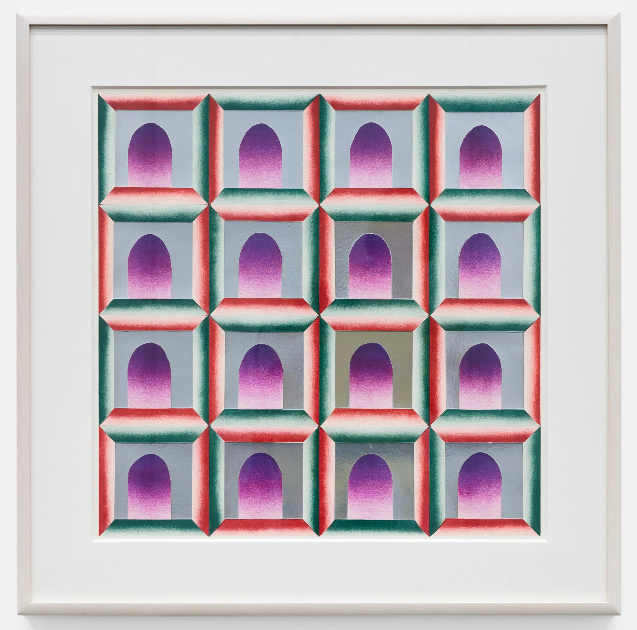 Judy Chicago<br><em>Silver Doorways Proof C</em>, 1972<br>UNIQUE hand-colored lithograph with Prismacolor and collage<br>27 3/8 x 27 3/8 x 1 1/2 inches / 69.5 x 69.5 x 3.8 cm