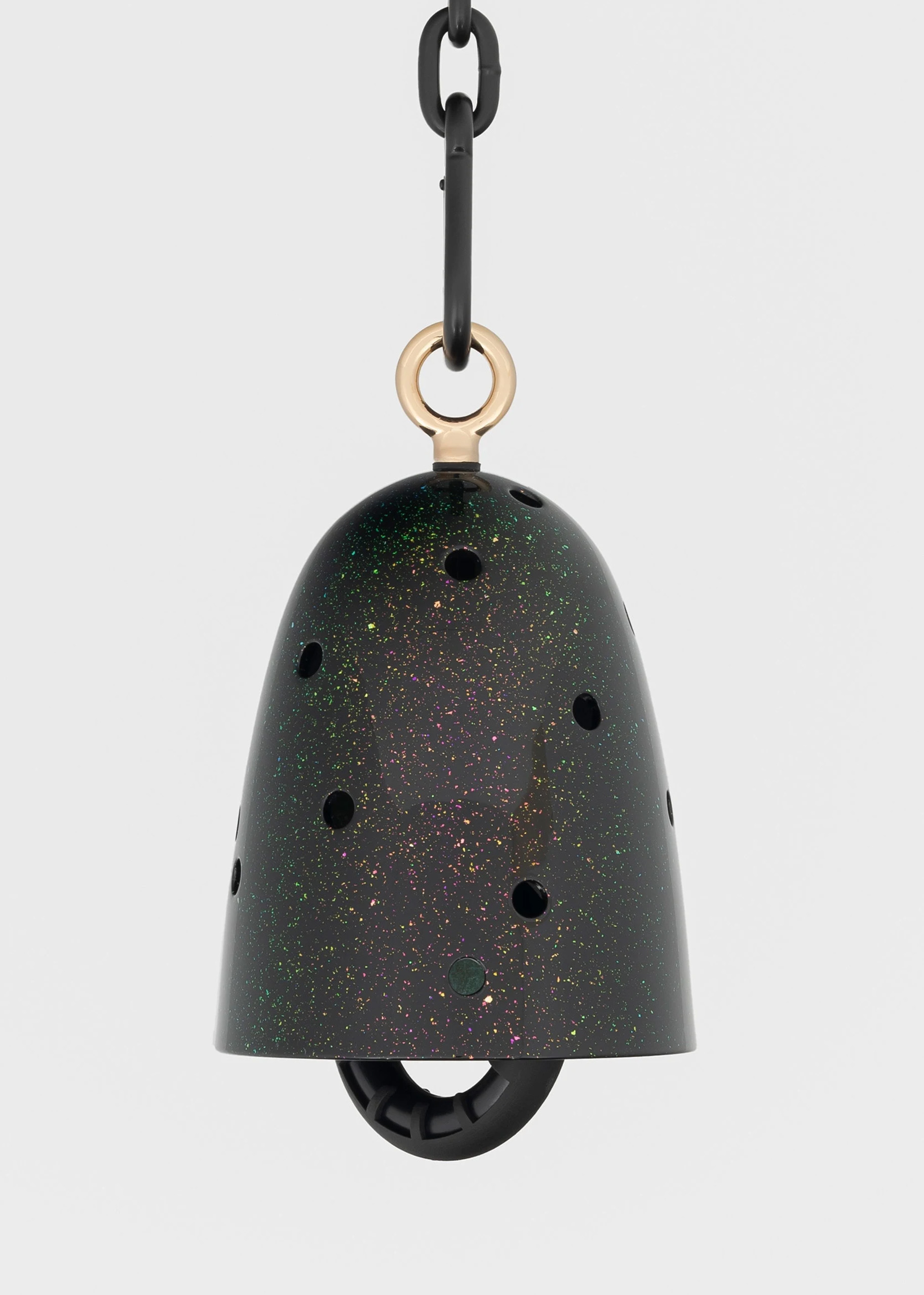 Davina Semo<br><em>Astral</em>, 2025<br>Cast bronze bell, UV protected 3-stage catalyzed urethane automotive finish, polished bronze clapper with sleeve, hemp shibari rope, polished and plated stainless steel hardware, powder-coated stainless steel hardware, powder-coated zinc-plated steel<br>10 1/4 x 6 1/2 x 6 1/2 inches / 26 x 16.5 x 16.5 cm<br>Overall hanging dimensions variable<br>Weight: 11.5 lbs