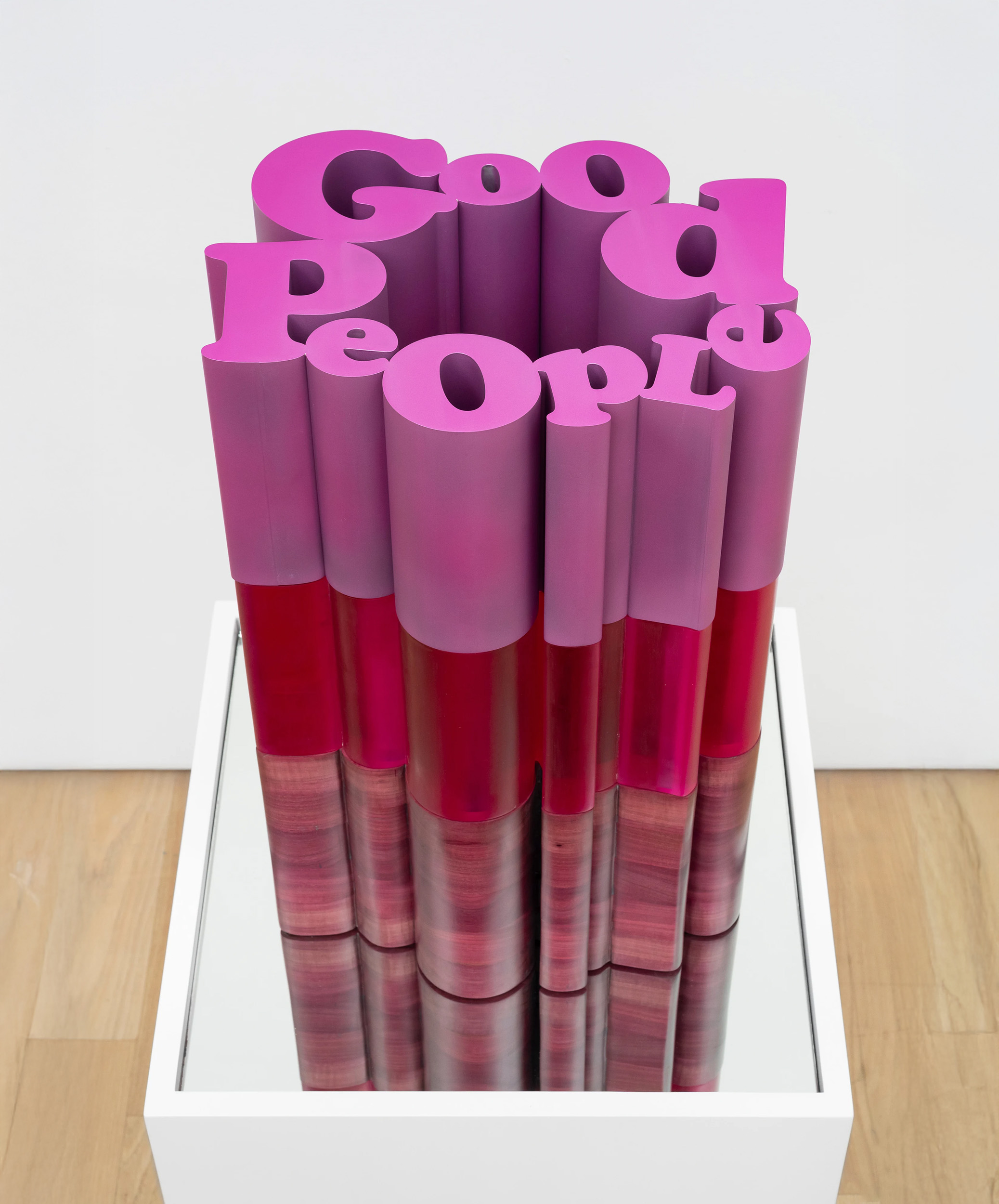 Sadie Barnette<br><em>People (aluminum, resin, Purpleheart)</em>, 2025<br>Purpleheart wood, anodized aluminum, and resin<br>19 3/4 x 14 x 12 inches / 50.2 x 35.6 x 30.5 cm