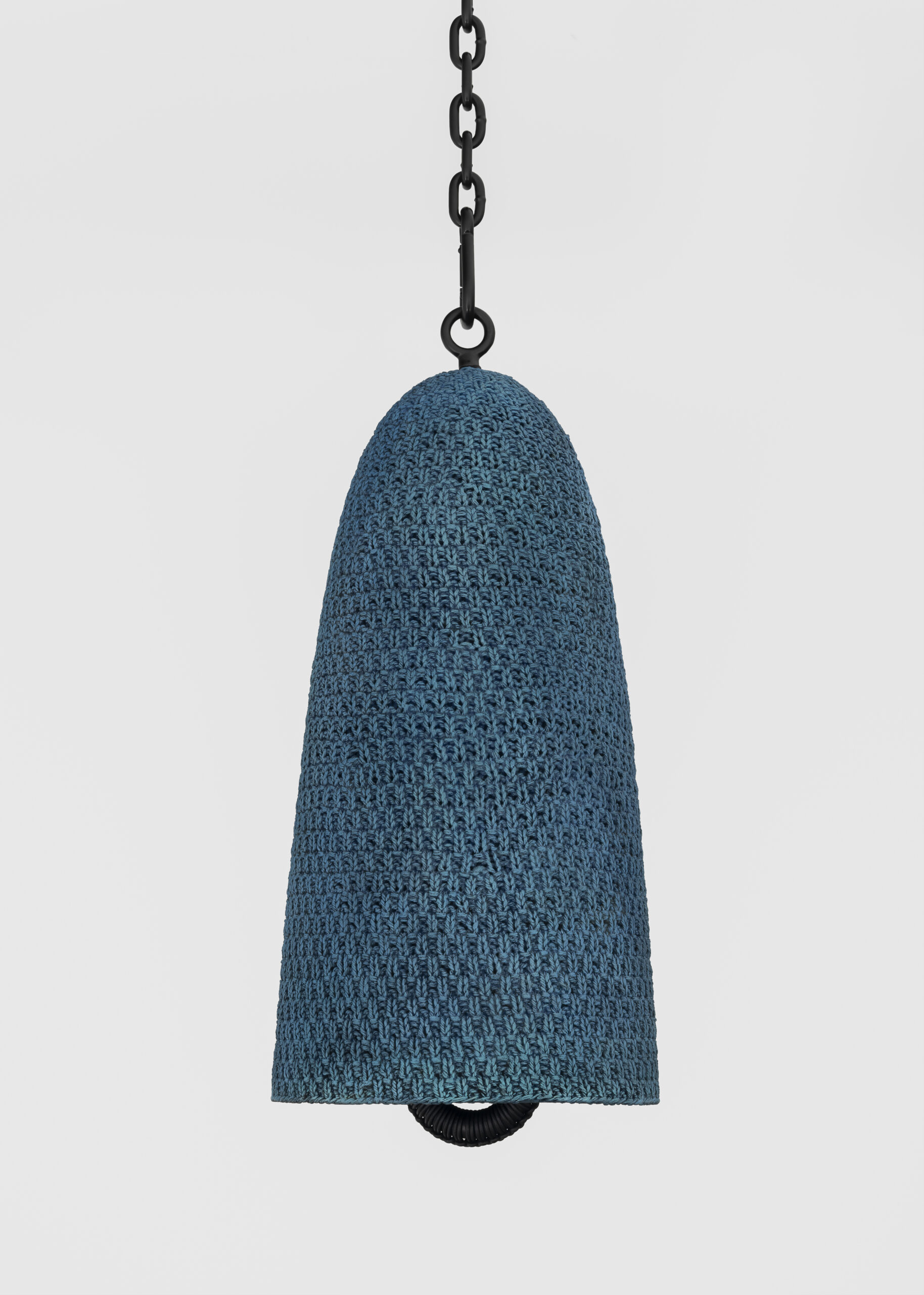 Davina Semo<br><em>Conjure</em>, 2025<br>Patinated cast bronze bell, leather-wrapped polished bronze clapper, hemp shibari rope, powder-coated stainless steel hardware, powder-coated zinc-plated steel chain<br>24 x 11 1/4 x 11 1/4 inches / 61 x 28.6 x 28.6 cm<br>Overall dimensions variable