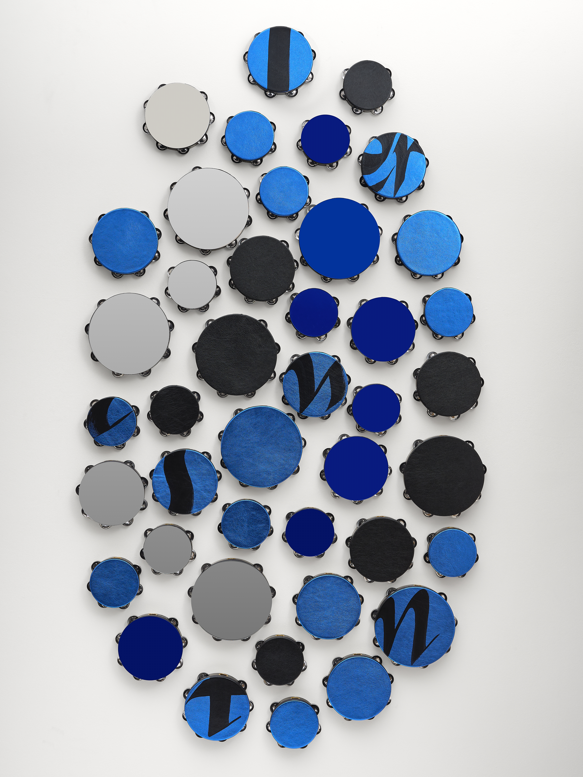 <p>Lava Thomas<br /> <em>I Want to Take You Higher</em>, 2026<br /> Altered tambourines with grosgrain ribbon, metallic leather, mirrored acrylic discs, and acrylic<br /> 90 x 51 x 2 inches / 228.6 x 129.5 x 5.1 cm</p>
