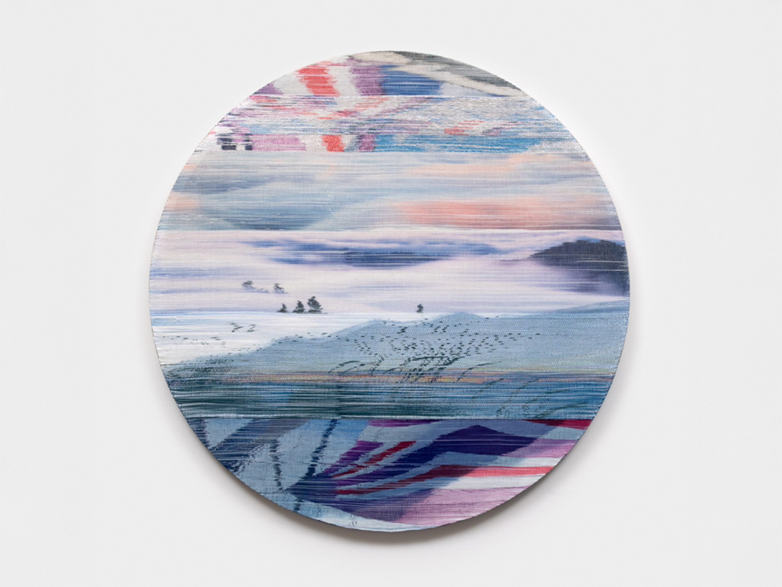 Margo Wolowiec<br><em>Light Air</em>, 2025<br>Handwoven polymer, linen, sterling silver leafed thread, dye sublimation ink, and indigo dye mounted on indigo-dyed linen canvas<br>50 x 50 x 1 1/2 inches / 127 x 127 x 3.8 cm