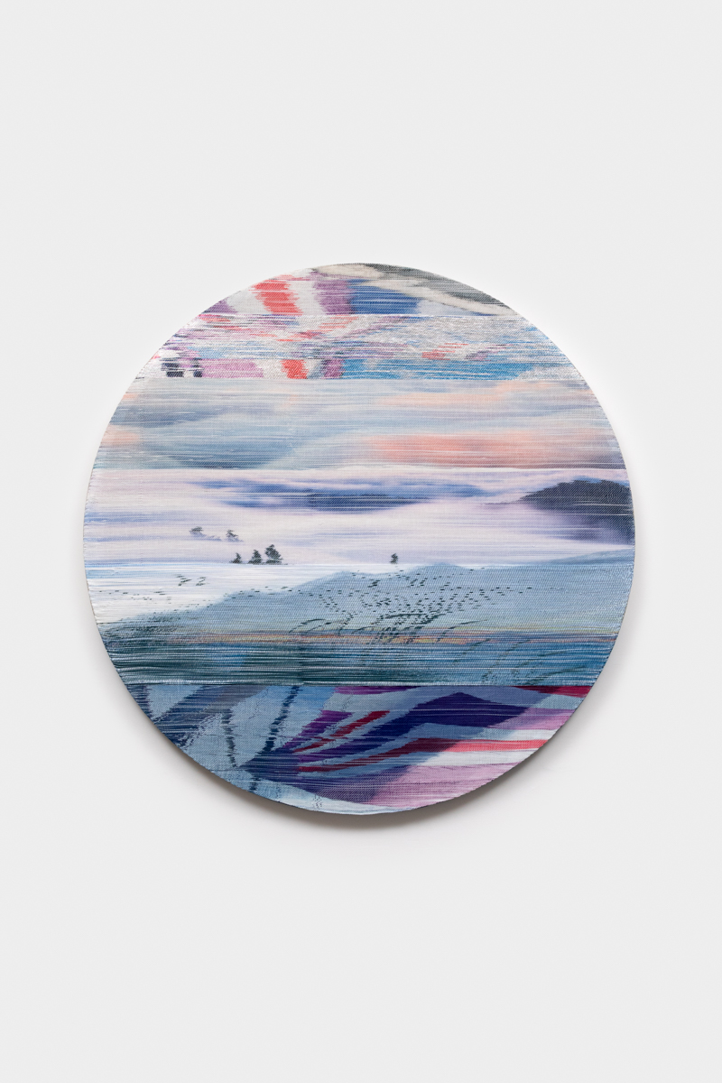 <p>Margo Wolowiec<br /> <em>Light Air</em>, 2025<br /> Handwoven polymer, linen, sterling silver leafed thread, dye sublimation ink, and indigo dye mounted on indigo-dyed linen canvas<br /> 50 x 50 x 1 1/2 inches / 127 x 127 x 3.8 cm</p>
