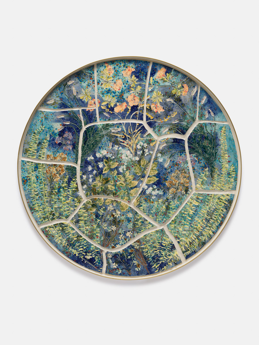 Sam Falls<br><em>Monet’s Pond</em>, 2026<br>Glazed ceramic with glass in brass frame<br>46 x 46 x 2 inches / 116.8 x 116.8 x 5.1 cm
