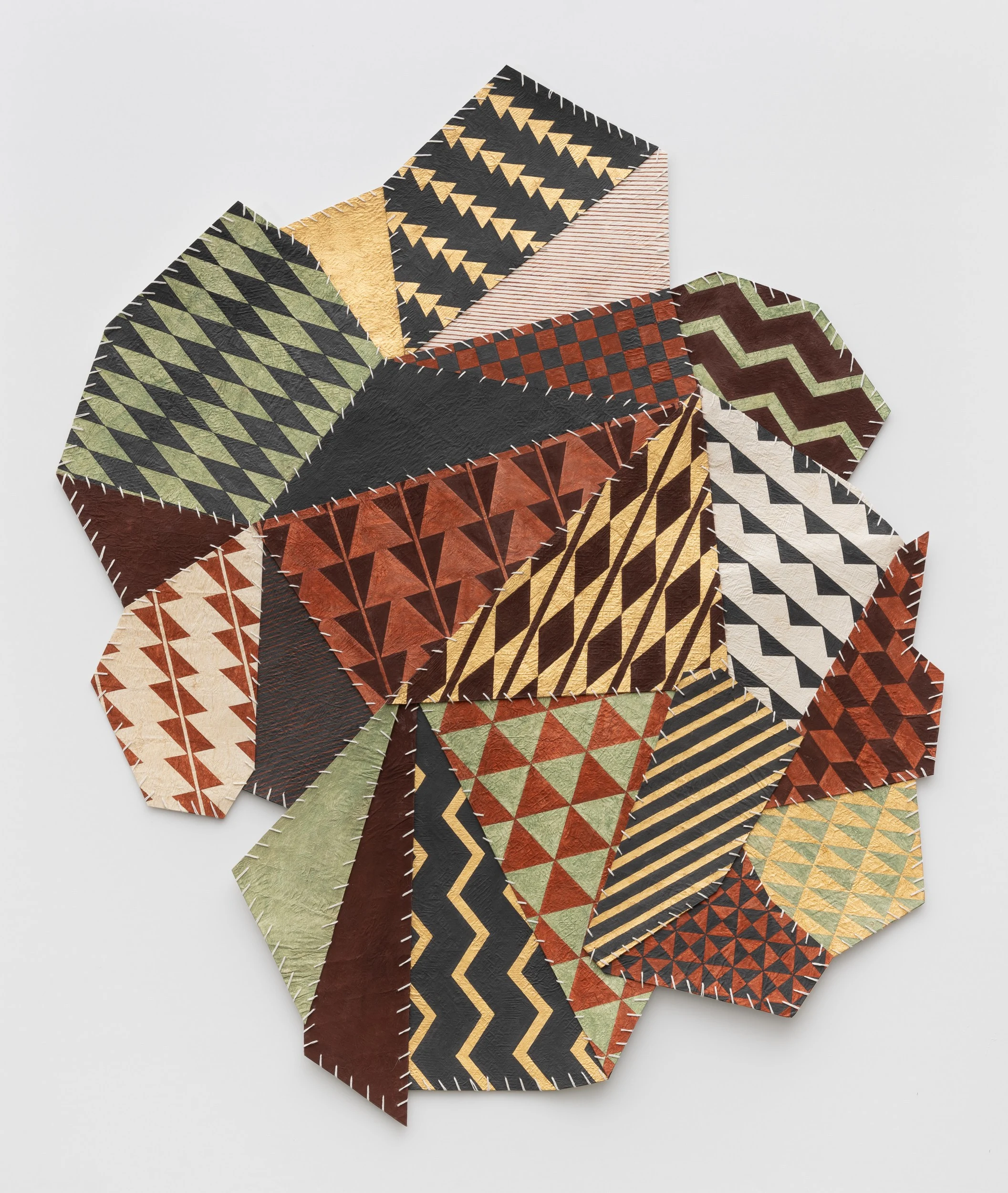 Lehuauakea<br><em>Repeat After Me (E Hoʻopili Mai) I</em>, 2025<br>Earth pigments, 24k gold leaf, cotton thread, and kapa (barkcloth)<br>38 x 30 3/4 inches / 96.5 x 78.1 cm