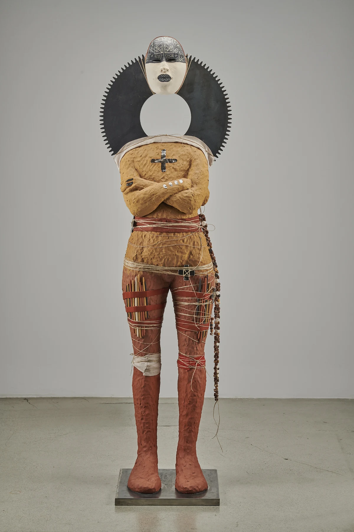 Rose B. Simpson<br><em>Root A</em>, 2019<br>Ceramic, glaze, linen, jute string, steel, and leather<br>71 1/2 x 20 1/2 x 16 inches / 181.6 x 52.1 x 40.6 cm