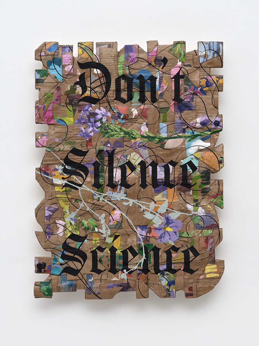 Andrea Bowers<br><em>Recycled Paint Palette Series (Don't Silence Science)</em>, 2026<br>Acrylic on cardboard<br>30 x 22 1/4 x 2 3/4 inches / 76.2 x 56.5 x 7 cm