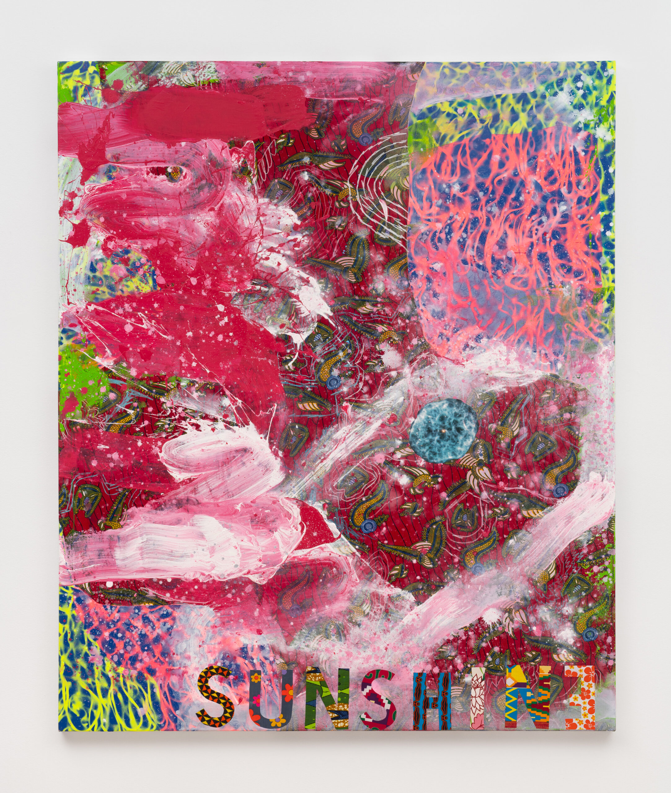 David Huffman<br><em>Sunshine</em>, 2026<br>Acrylic, gouache, Ghanaian fabric, color pencil and photo collage on canvas<br>72 x 60 x 1 inches / 182.9 x 152.4 x 2.5 cm