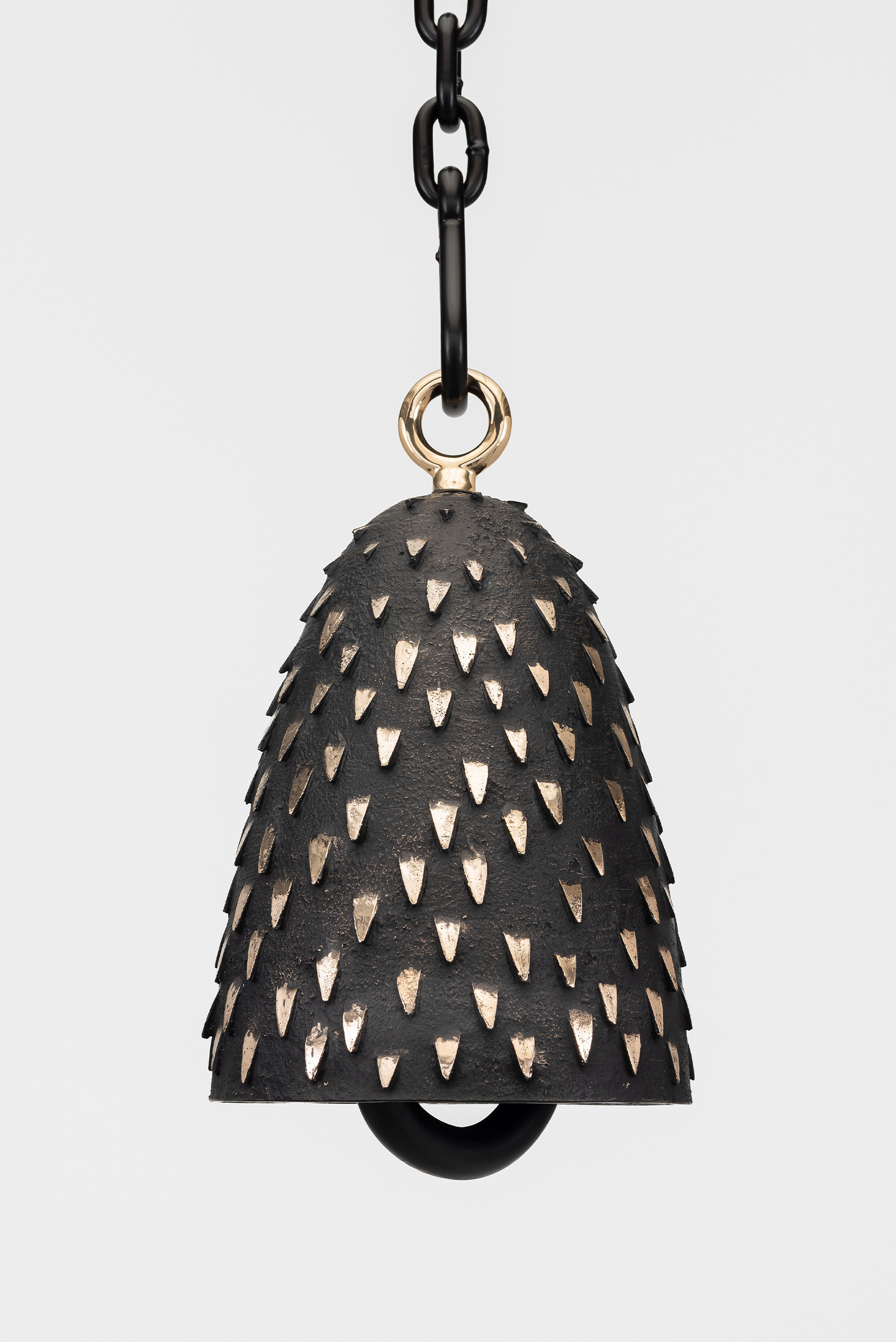 Davina Semo<br><em>Talon</em>, 2025<br>Polished and patinated cast bronze bell, solid bronze clapper, hemp shibari rope, powder-coated stainless steel hardware, powder-coated zinc-plated steel chain<br>11 x 6 3/4 x 6 3/4 inches / 27.9 x 17.1 x 17.1 cm<br>Overall dimensions variable