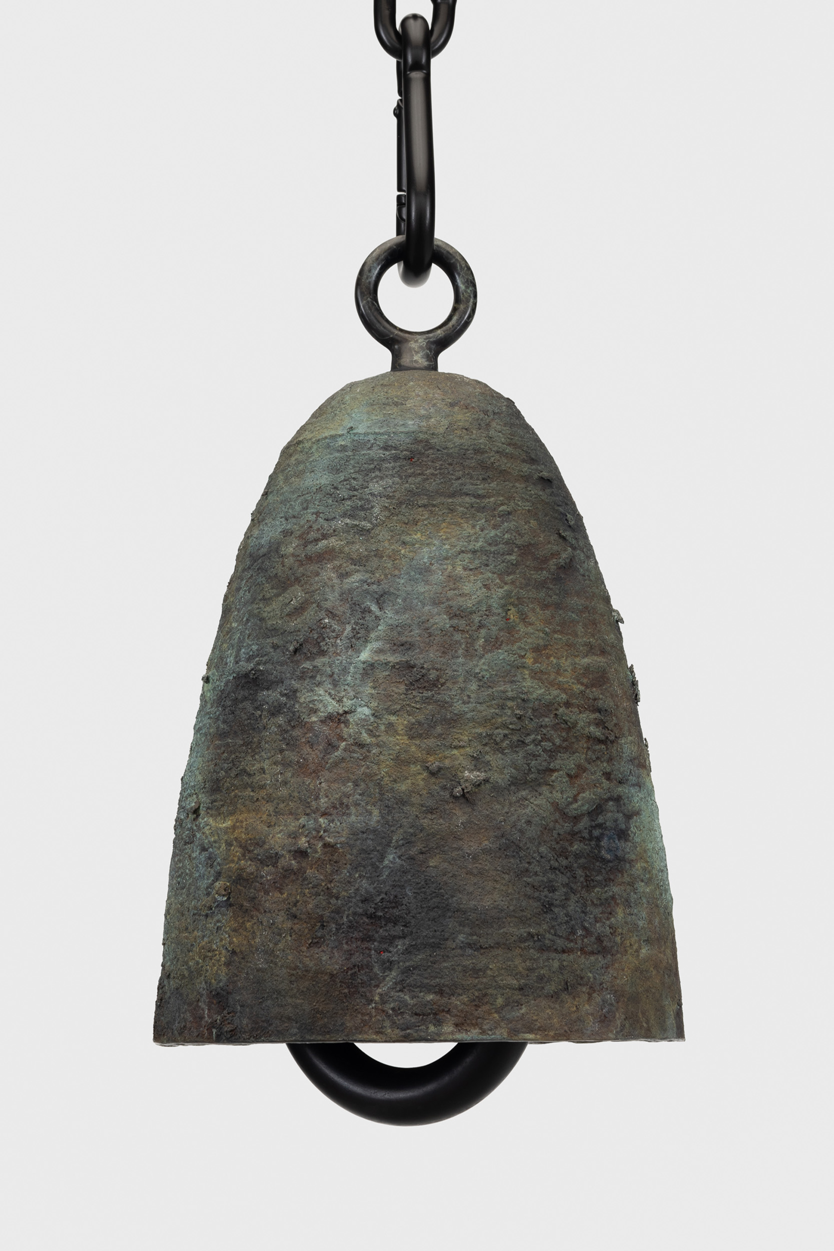 Davina Semo<br><em>Treasure</em>, 2025<br>Patinated cast bronze bell, solid bronze clapper, hemp shibari rope, powder-coated stainless steel hardware, powder-coated zinc-plated steel chain<br>11 x 6 3/4 x 6 3/4 inches / 27.9 x 17.1 x 17.1 cm<br>Overall dimensions variable