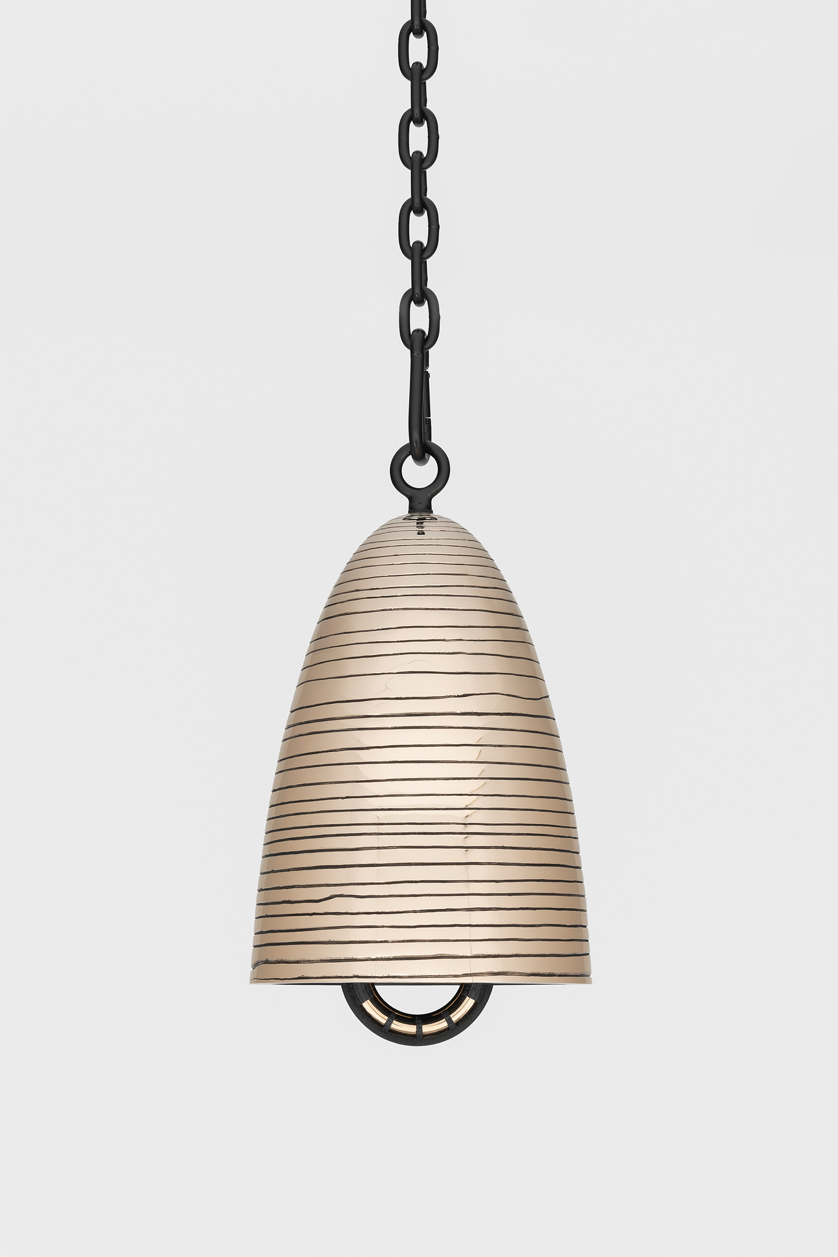 Davina Semo<br><em>Incantation</em>, 2025<br>Polished and patinated cast bronze bell, polished bronze clapper with sleeve, hemp shibari rope, powder-coated stainless steel hardware, powder-coated zinc-plated steel chain<br>15 1/4 x 9 1/2 x 9 1/2 inches / 38.7 x 24.1 x 24.1 cm<br>Overall hanging dimensions variable