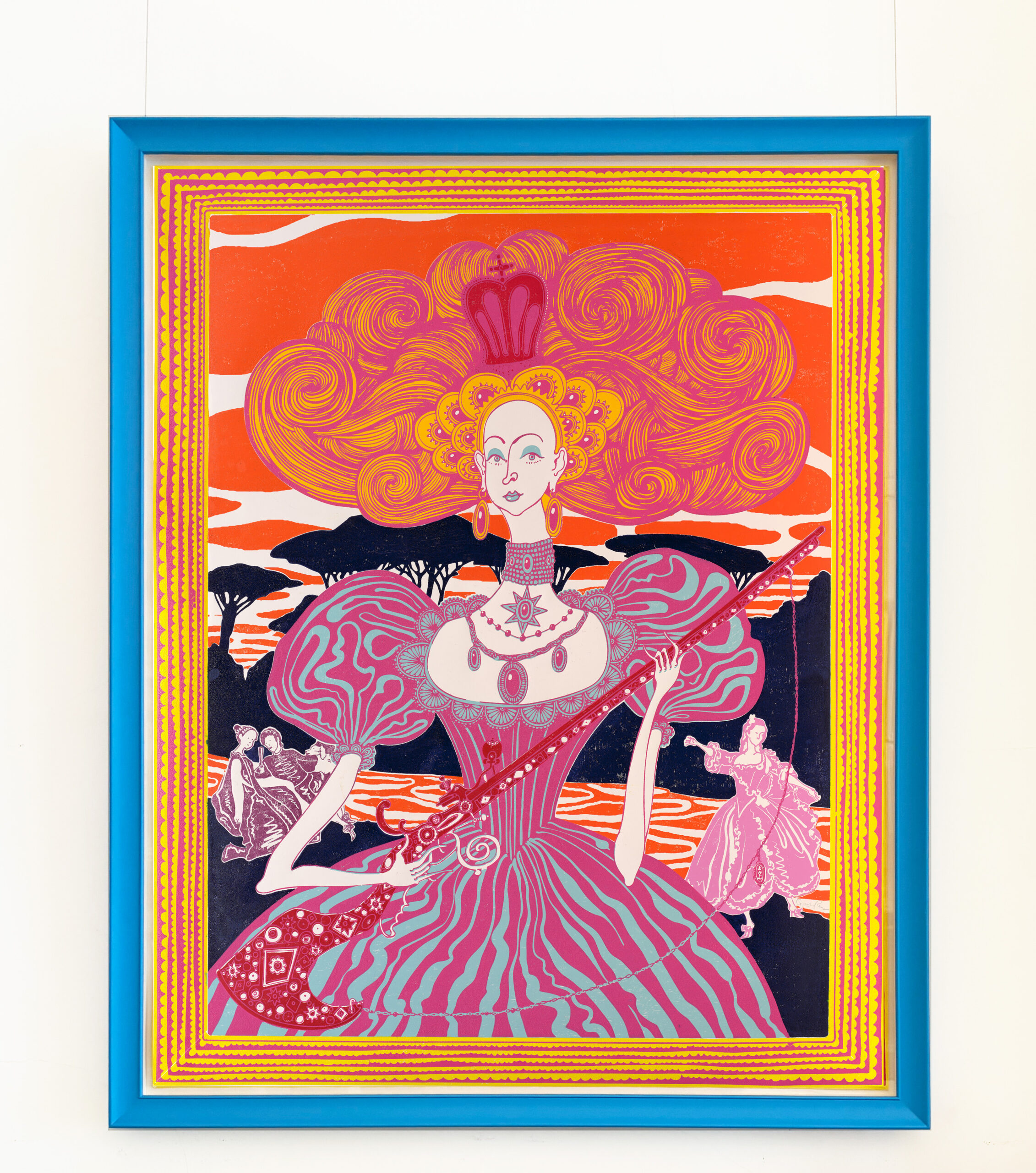 Grayson Perry<br><em>The Honourable Millicent Wallace (orange/pink)</em>, 2024<br>Woodblock print<br>63 1/2 x 51 5/8 x 2 3/4 inches / 161.2 x 131.2 x 7 cm<br>Edition of 15 plus 4 artist's proof (#6/15)