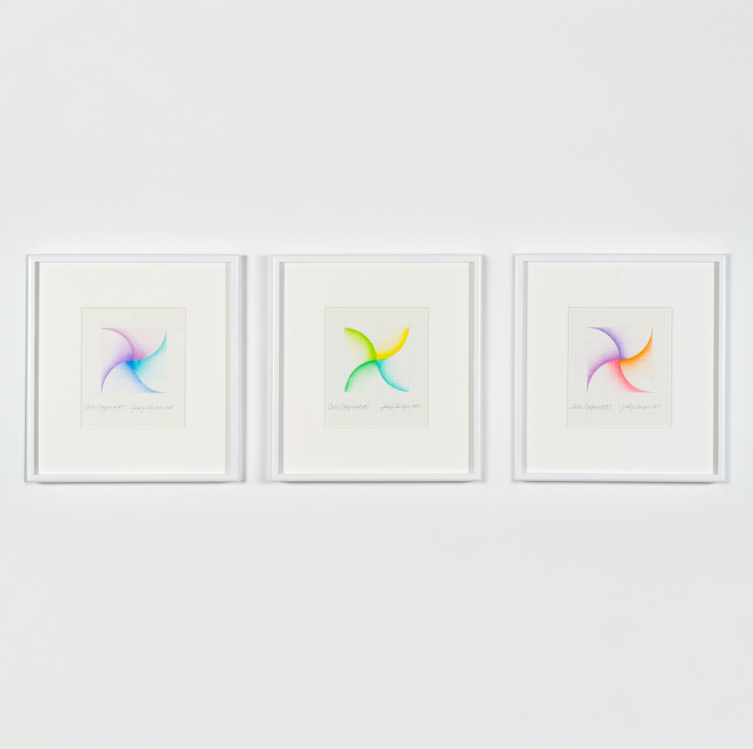 Judy Chicago<br><em>Color Fragments III</em>, 1968<br>Prismacolor on tracing paper<br>Frame (Each): 14 x 13 x 1 1/2 inches / 35.6 x 33 x 3.8 cm