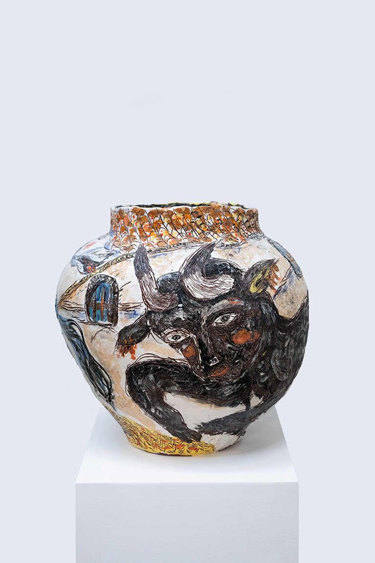 Karim Boumjimar<br><em>Oxidised Blue</em>, 2025<br>Glazed earthenware<br>15 x 15 x 14 5/8 inches / 38 x 38 x 37 cm