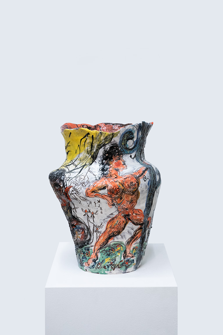 Karim Boumjimar<br><em>Silver Lining</em>, 2025<br>Glazed earthenware<br>15 3/8 x 10 5/8 x 11 inches / 39 x 27 x 28 cm