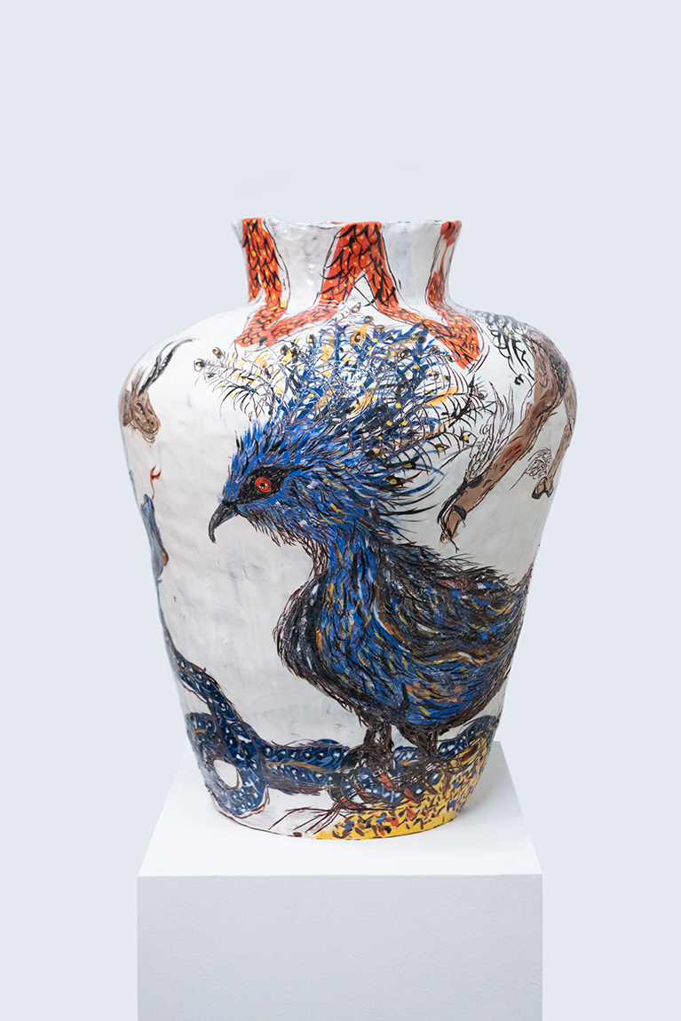 Karim Boumjimar<br><em>Peroxide Bird</em>, 2025<br>Glazed earthenware<br>20 1/8 x 14 1/8 x 13 3/4 inches / 51 x 36 x 35 cm