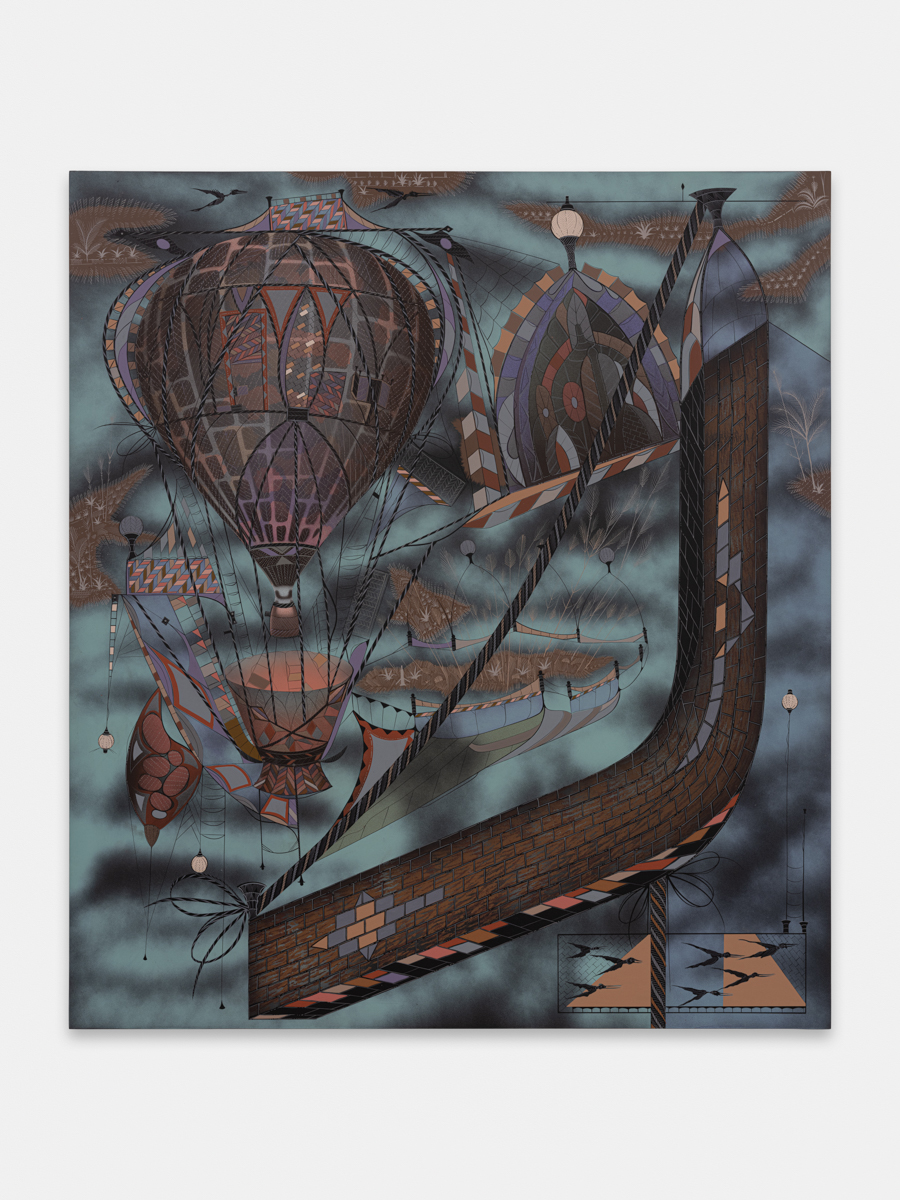 Lari Pittman<br><em>The Remedy of Analog Space & Time #1</em>, 2025<br>Acrylic and spray paint over gessoed canvas over wood panel<br>54 x 48 x 2 inches / 137.2 x 121.9 x 5.8 cm