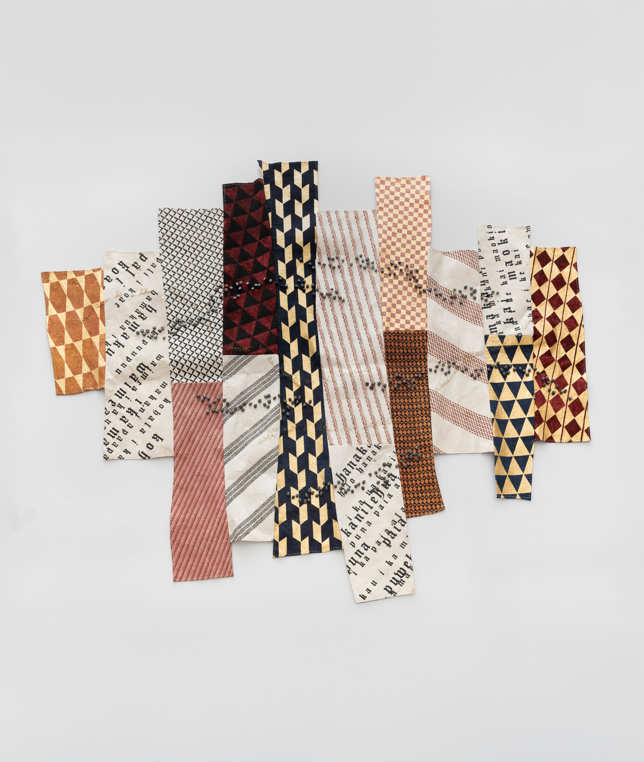 Lehuauakea<br><em>The Voice That Sings My Name</em>, 2026<br>Earth pigments, wildfire charcoal, metal leaf, cotton thread, ceramic beads, and kapa (barkcloth)<br>88 x 108 inches / 223.5 x 274.3 cm