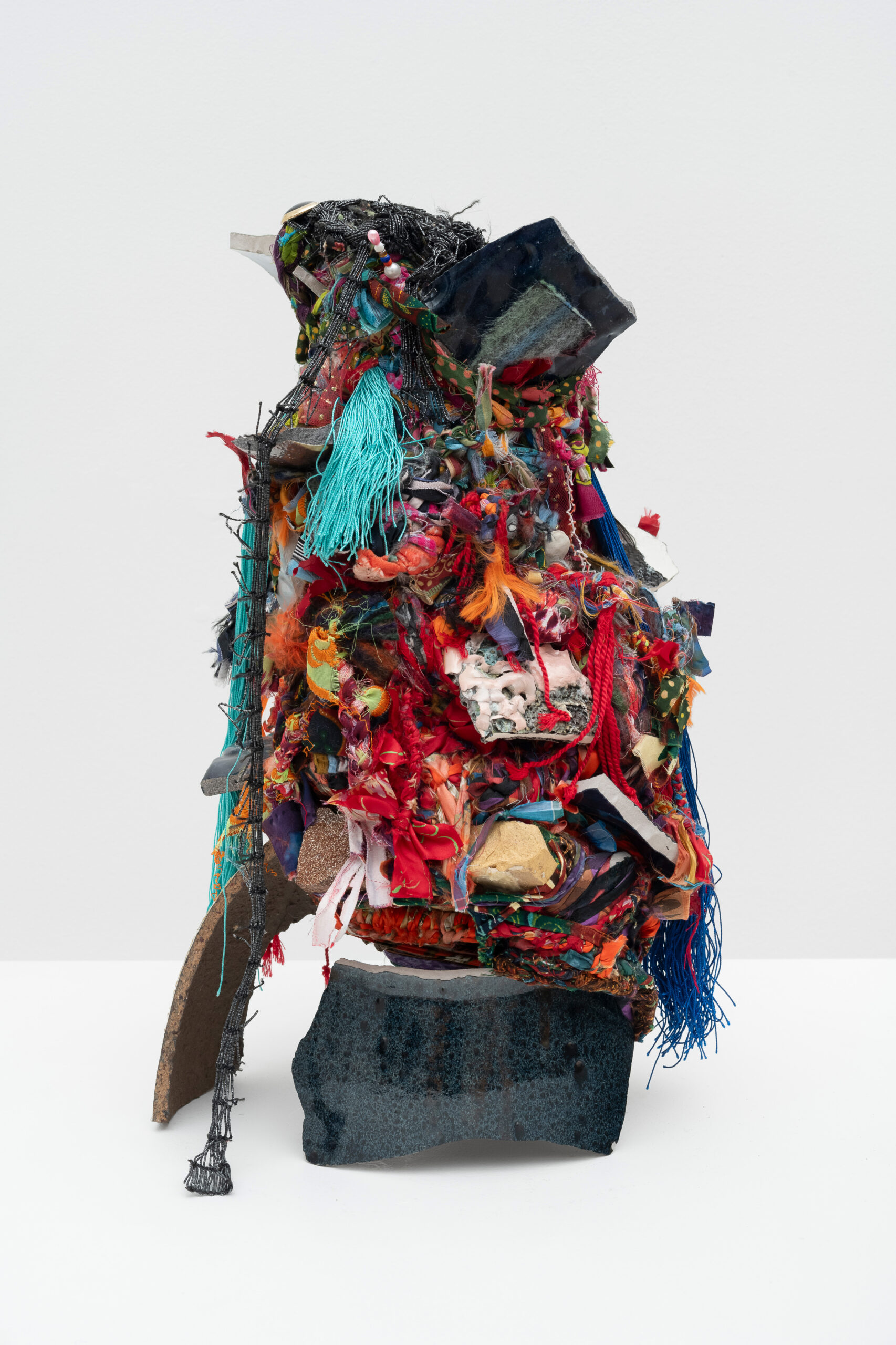 Ramekon O'Arwisters<br><em>Cheesecake #9</em>, 2019<br>Fabric, ceramics, beads, and pins<br>20 x 11 x 11 inches / 50.8 x 27.9 x 27.9 cm