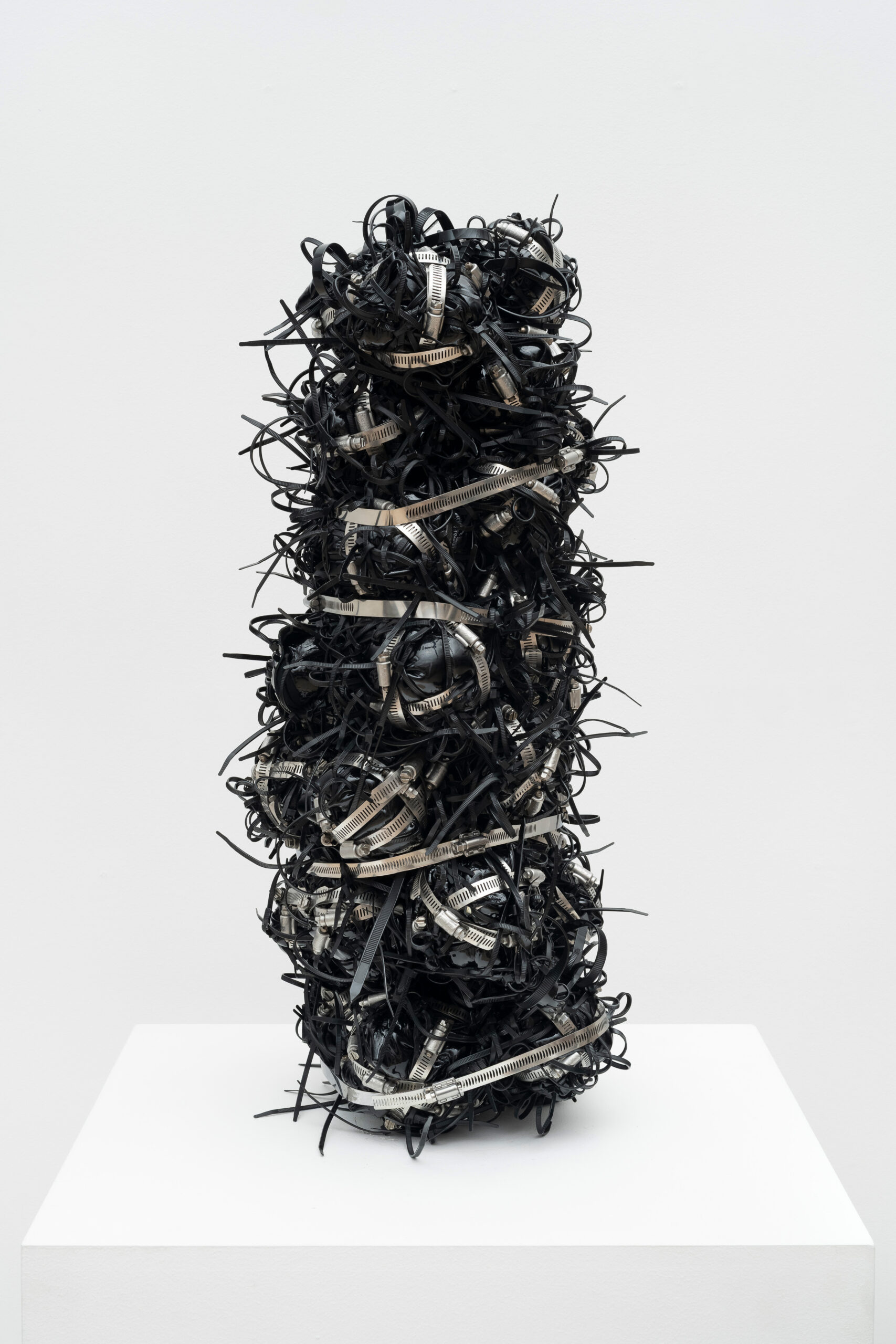 Ramekon O'Arwisters<br><em>Patent on Patent #2</em>, 2025<br>Leather, metal, fabric, and plastic<br>30 x 12 x 10 inches / 76.2 x 30.5 x 25.4 cm