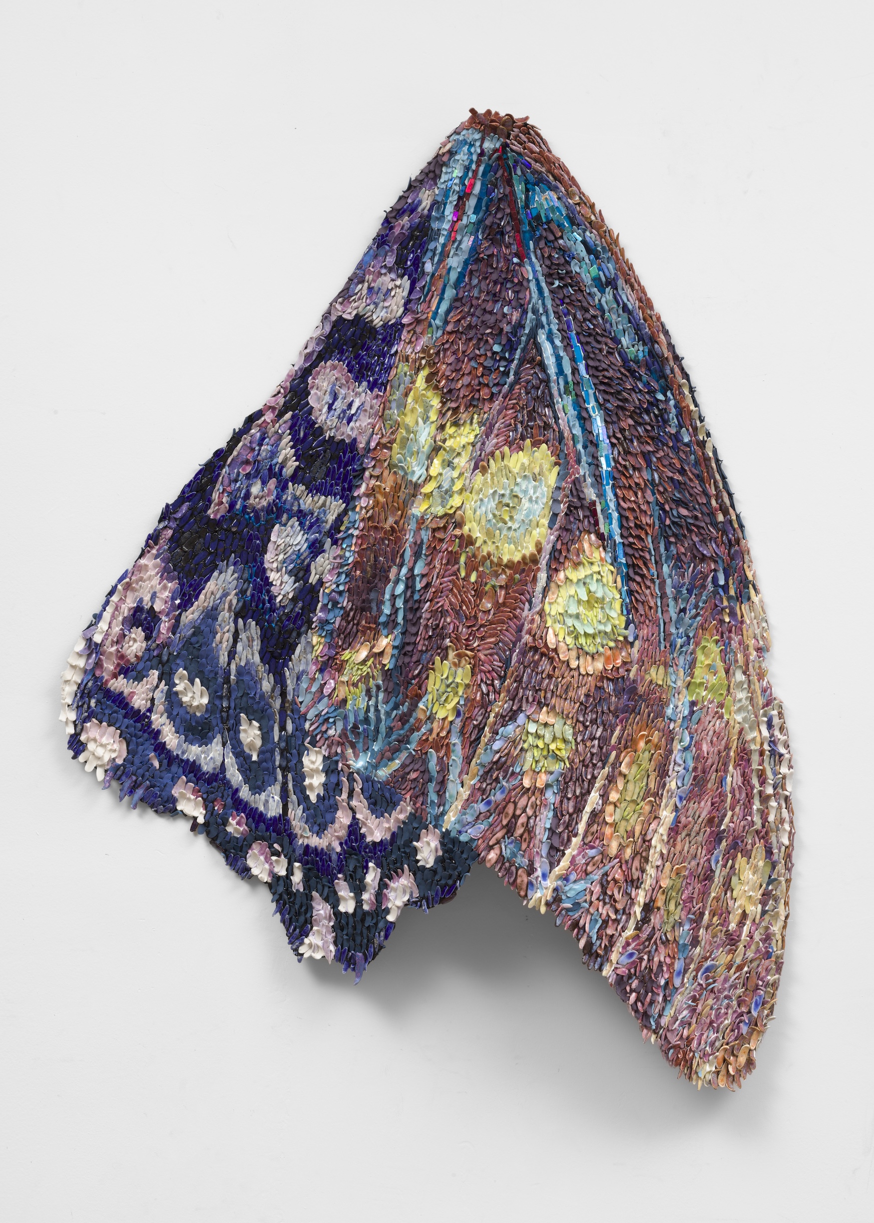 Rebecca Manson<br><em>Bluey</em>, 2026<br>Porcelain, glaze, adhesives, canvas, pigment, glass, and hardware<br>49 x 38 x 3 inches / 124.5 x 96.5 x 7.6 cm