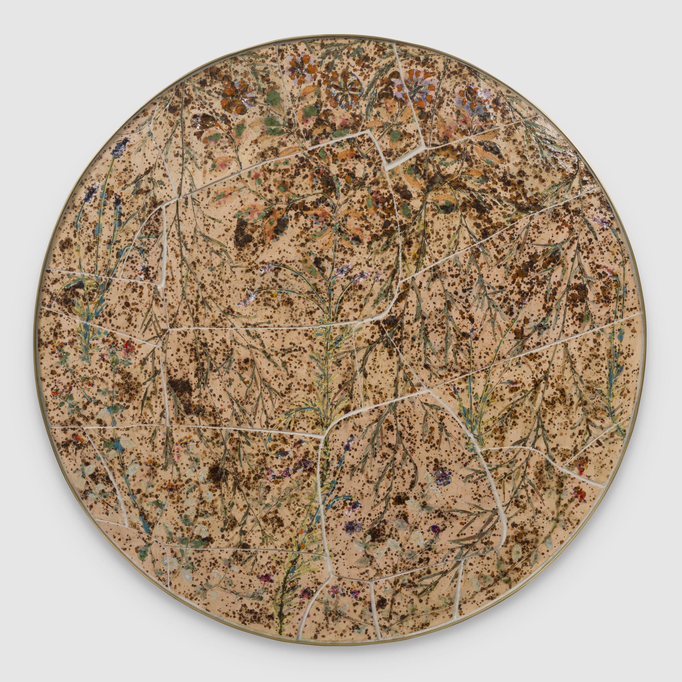 Sam Falls<br><em>Autumns After</em>, 2025<br>Glazed ceramic with glass in brass frame<br>48 x 48 x 2 inches / 121.9 x 121.9 x 5.1 cm