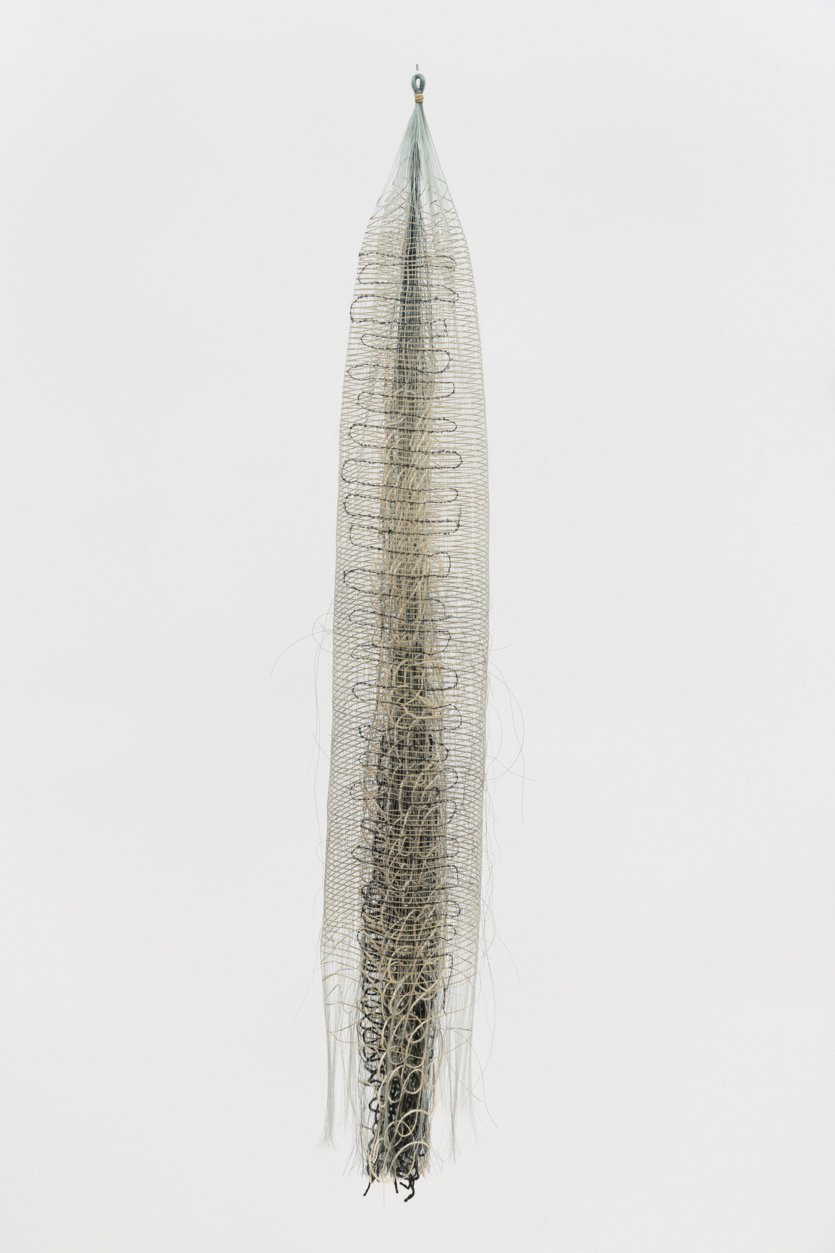 Michelle Yi Martin<br><em>Jellyfish</em>, 2025<br>Monofilament, horsehair, wool, and paper<br>54 x 10 x 7 inches / 137.2 x 25.4 x 17.8 cm