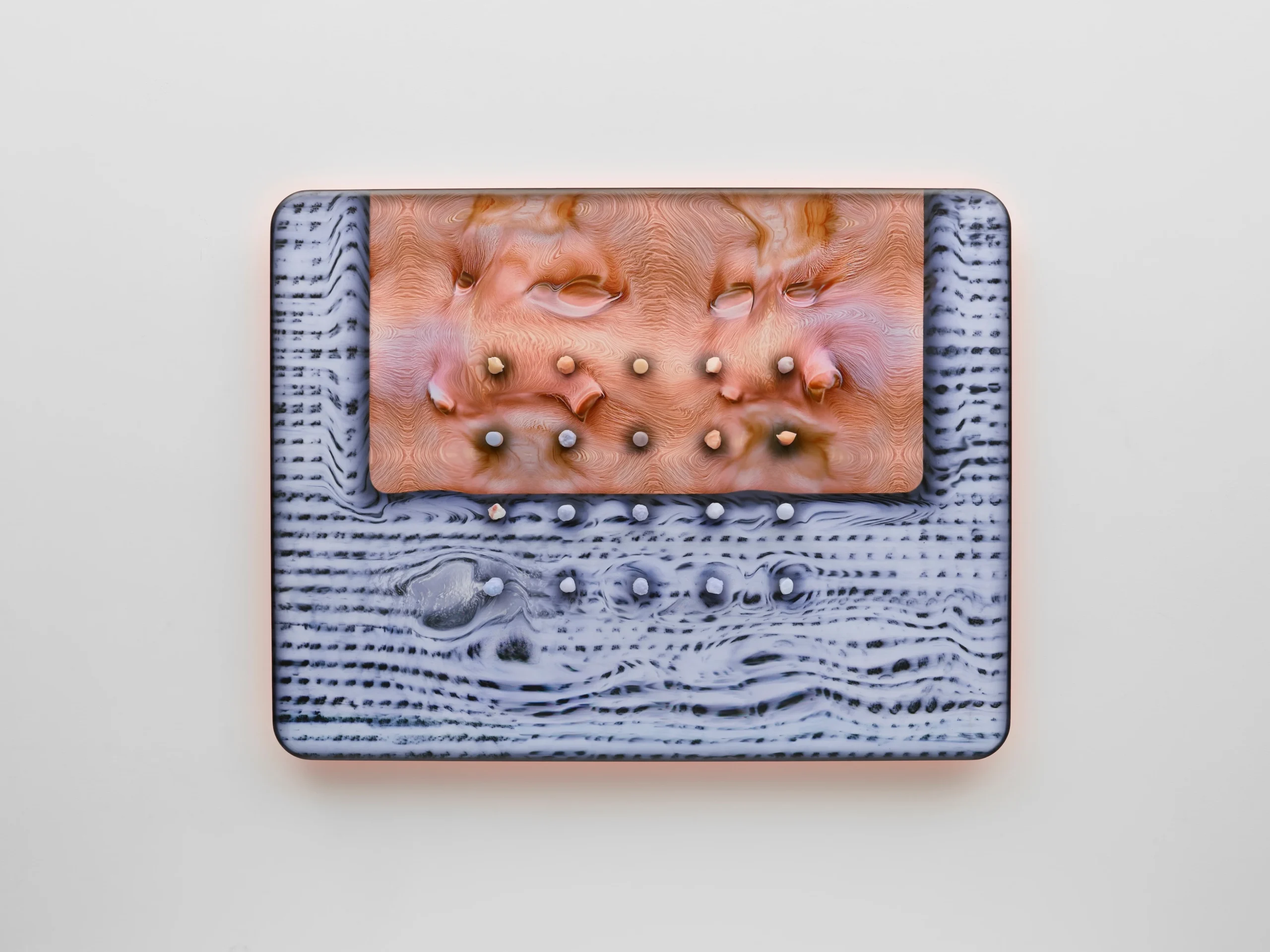 Tishan Hsu<br><em>skin-fur-mesh-blue</em>, 2025<br>UV-print, silicone, ink, acrylic, and stainless steel on wood<br>47 1/2 x 62 x 5 1/2 inches / 120.7 x 157.5 x 14 cm