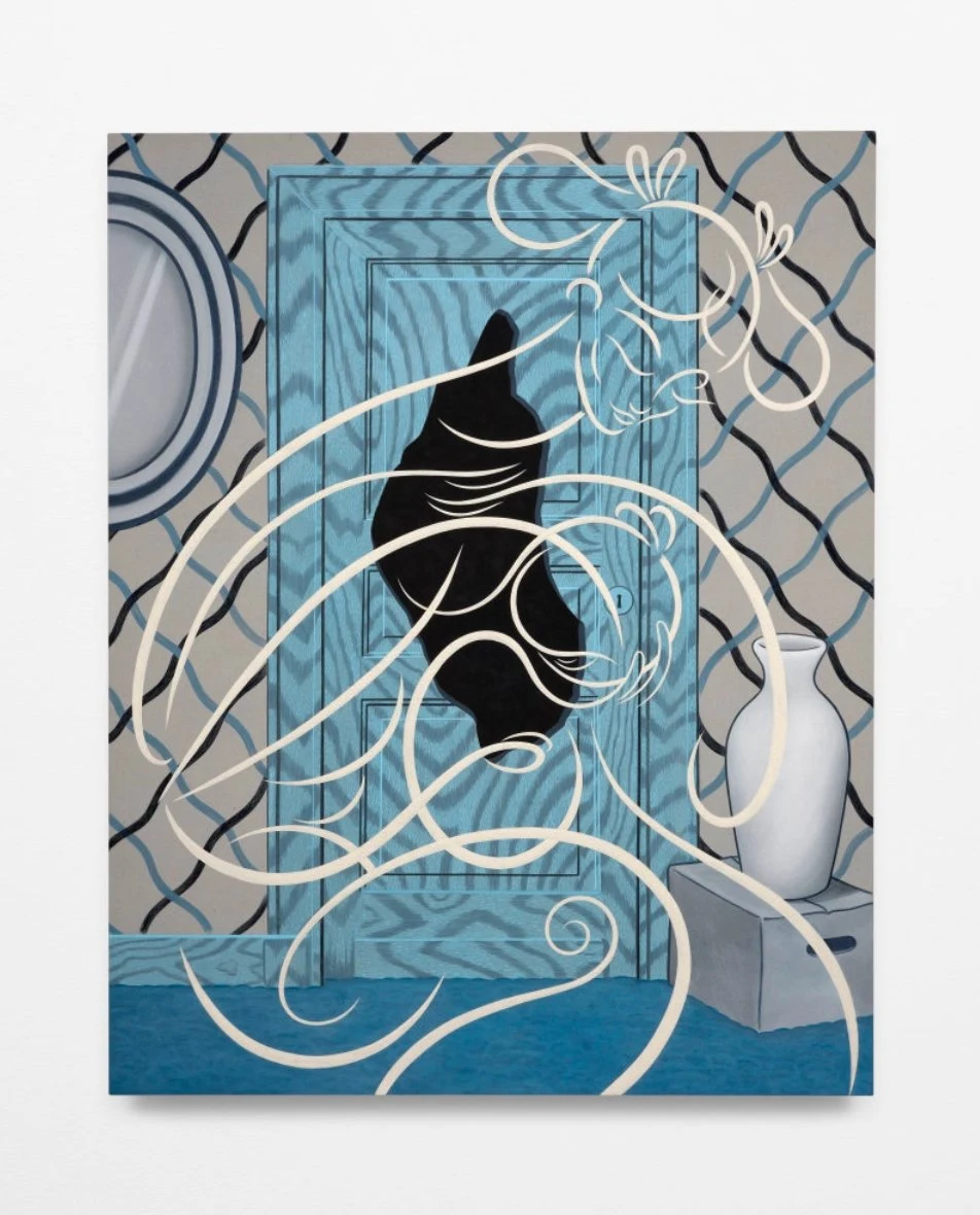 <p>Koak<br /><em>Magritte’s Door</em>, 2024<br />Flashe, acrylic, wooden pencil shavings, and grape seed liquid charcoal on linen<br />74 x 59 inches / 188 x 149.9 cm</p>
