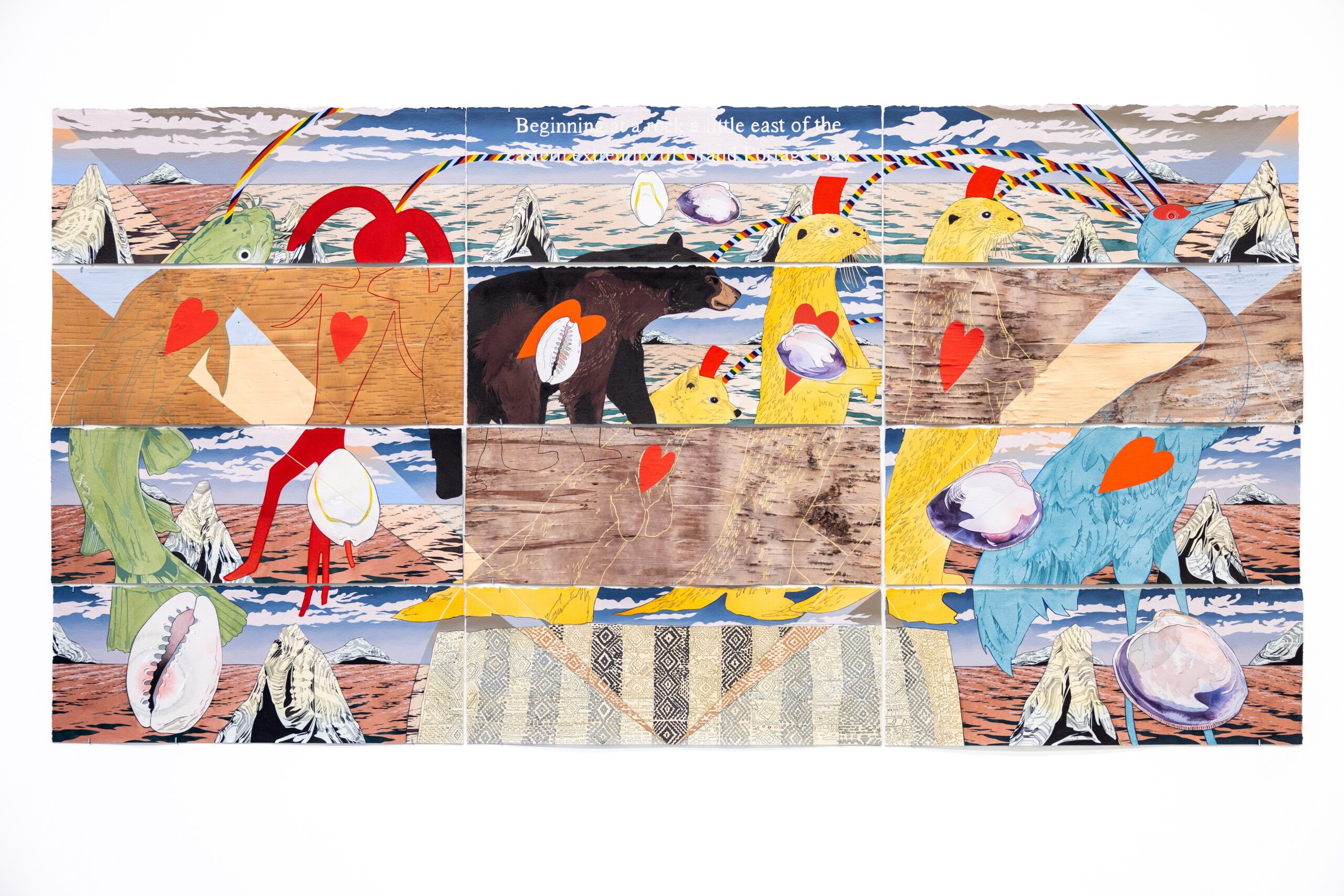 <p>Andrea Carlson<br /><em>Endless Sunshine, Beginning</em>, 2025<br />Sumi ink, oil, color pencil, archival spray varnish, ink, and gouache on paper and birch bark<br />46 x 90 inches / 116.8 x 228.6 cm<br />Assembled suite of twelve</p>
