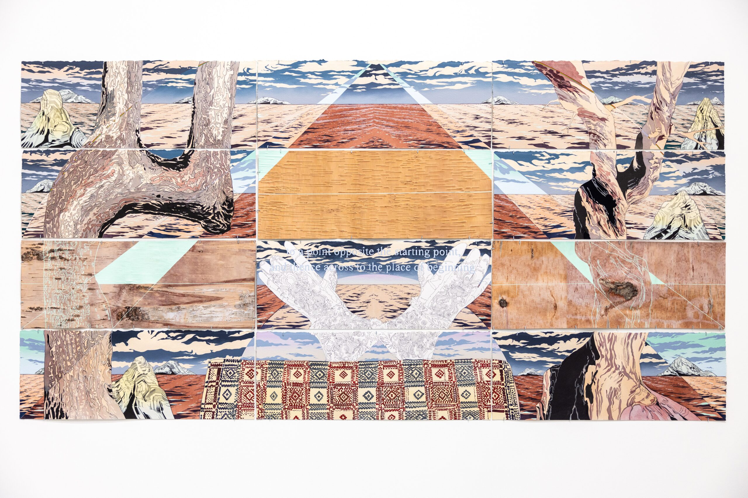 <p>Andrea Carlson<br /><em>Endless Sunshine</em>, 2025<br />Sumi ink, oil, color pencil, archival spray varnish, ink, and gouache on paper and birch bark<br />46 x 90 inches / 116.8 x 228.6 cm<br />Assembled suite of twelve</p>
