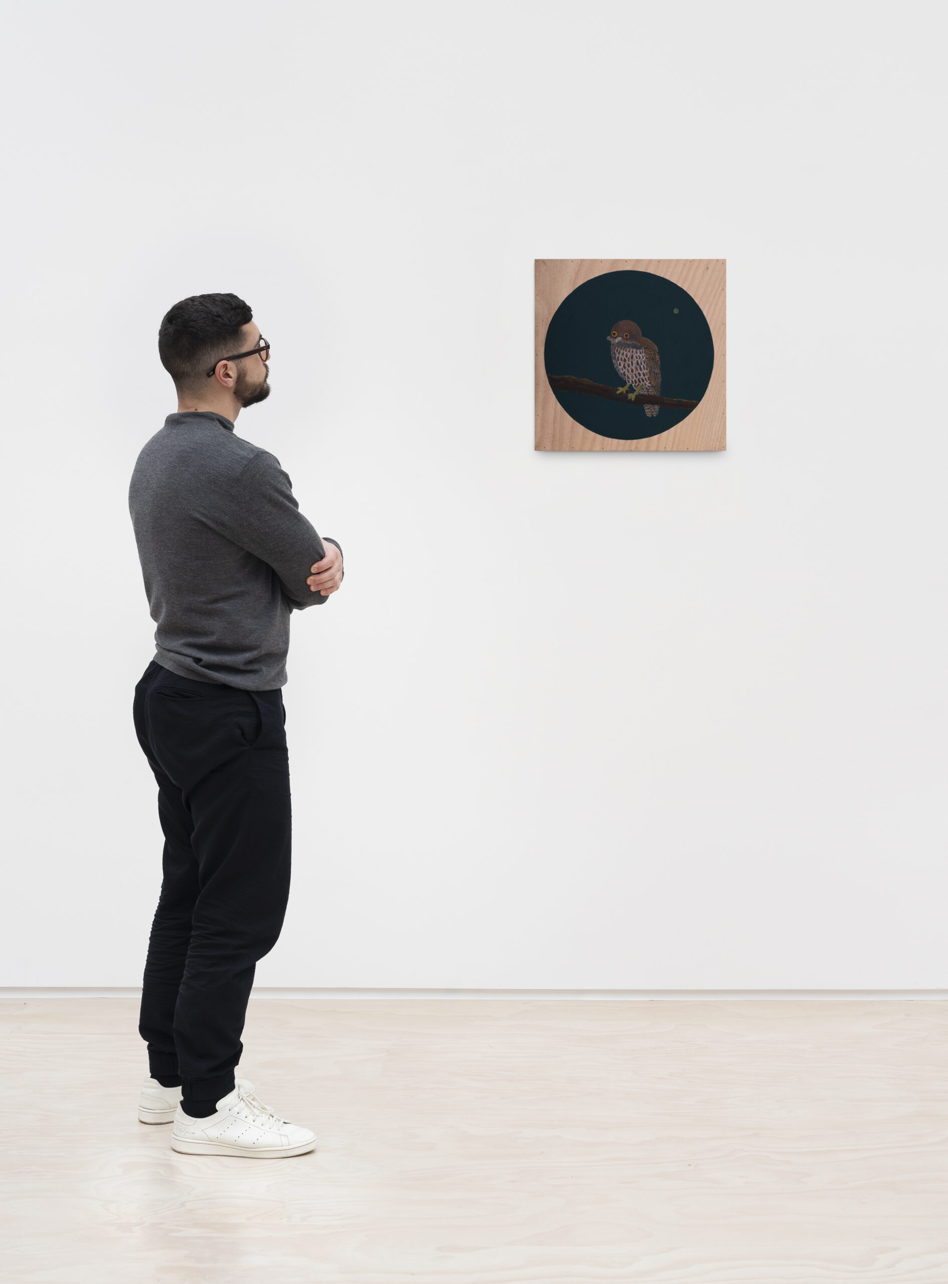 <p>Atsushi Kaga<br /><em>The Hours of Flight – Screech Owl</em>, 2025<br />Acrylic on board<br />17 7/8 x 17 7/8 x 3/4 inches / 45.4 x 45.4 x 2 cm<br />Scale view</p>
