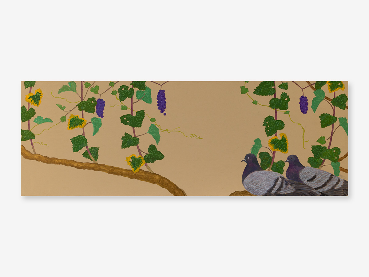 Atsushi Kaga<br><em>Homage to Jakuchū - Panel 7</em>, 2025<br>Acrylic and mixed metal leaf on board, painted on both sides<br>15 5/8 x 44 3/8 x 2 inches / 39.6 x 112.6 x 5 cm