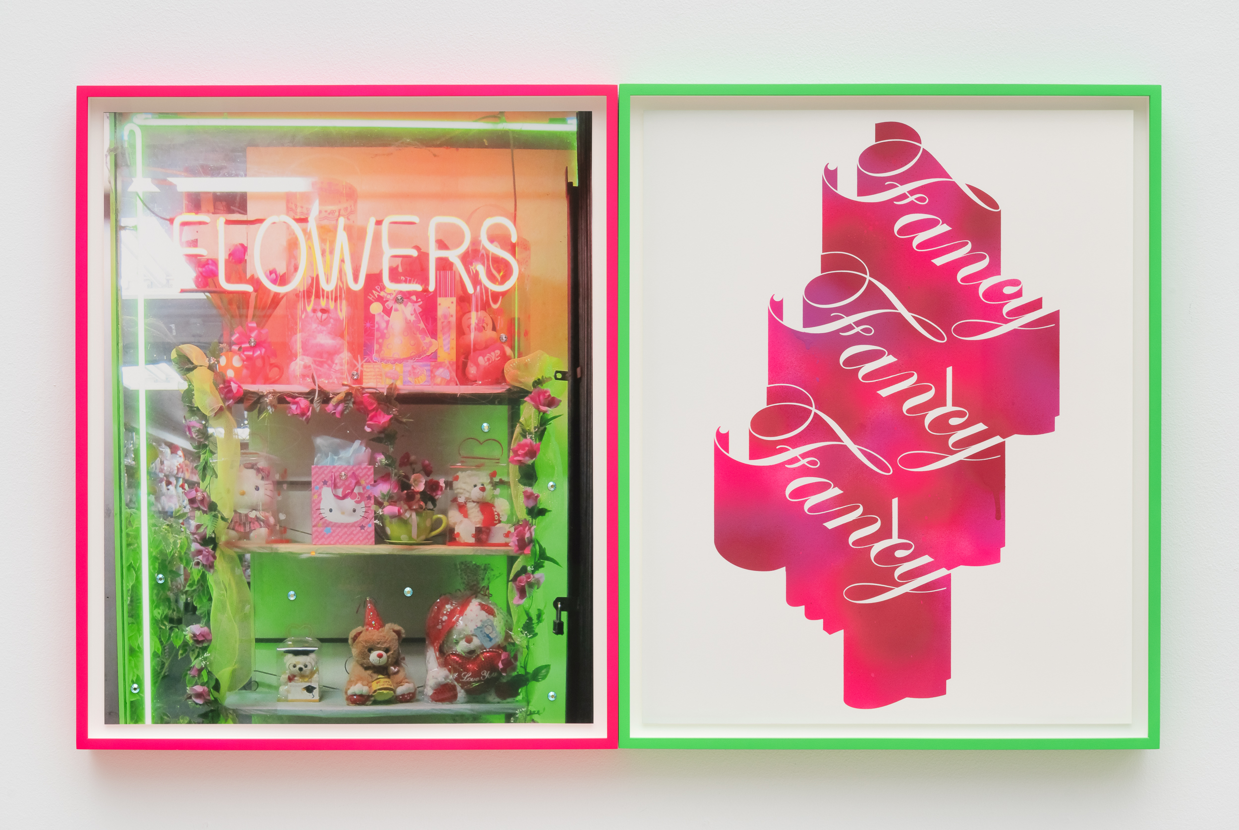 Sadie Barnette<br><em>Fancy Flowers</em>, 2026<br>Spray paint, inkjet print, and rhinestones<br>21 5/8 x 35 1/4 x 1 1/2 inches / 54.9 x 89.5 x 3.8 cm