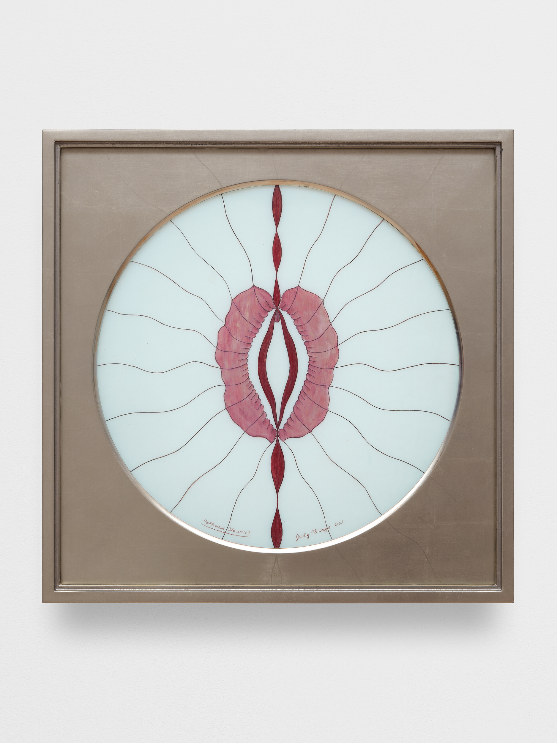 Judy Chicago<br><em>Dichroic Hothouse Flower 1</em>, 2023<br>China paint and lustre on glass, silver leaf on wood frame lightbox<br>24 x 24 x 2 1/2 inches / 61 x 61 x 6.3 cm