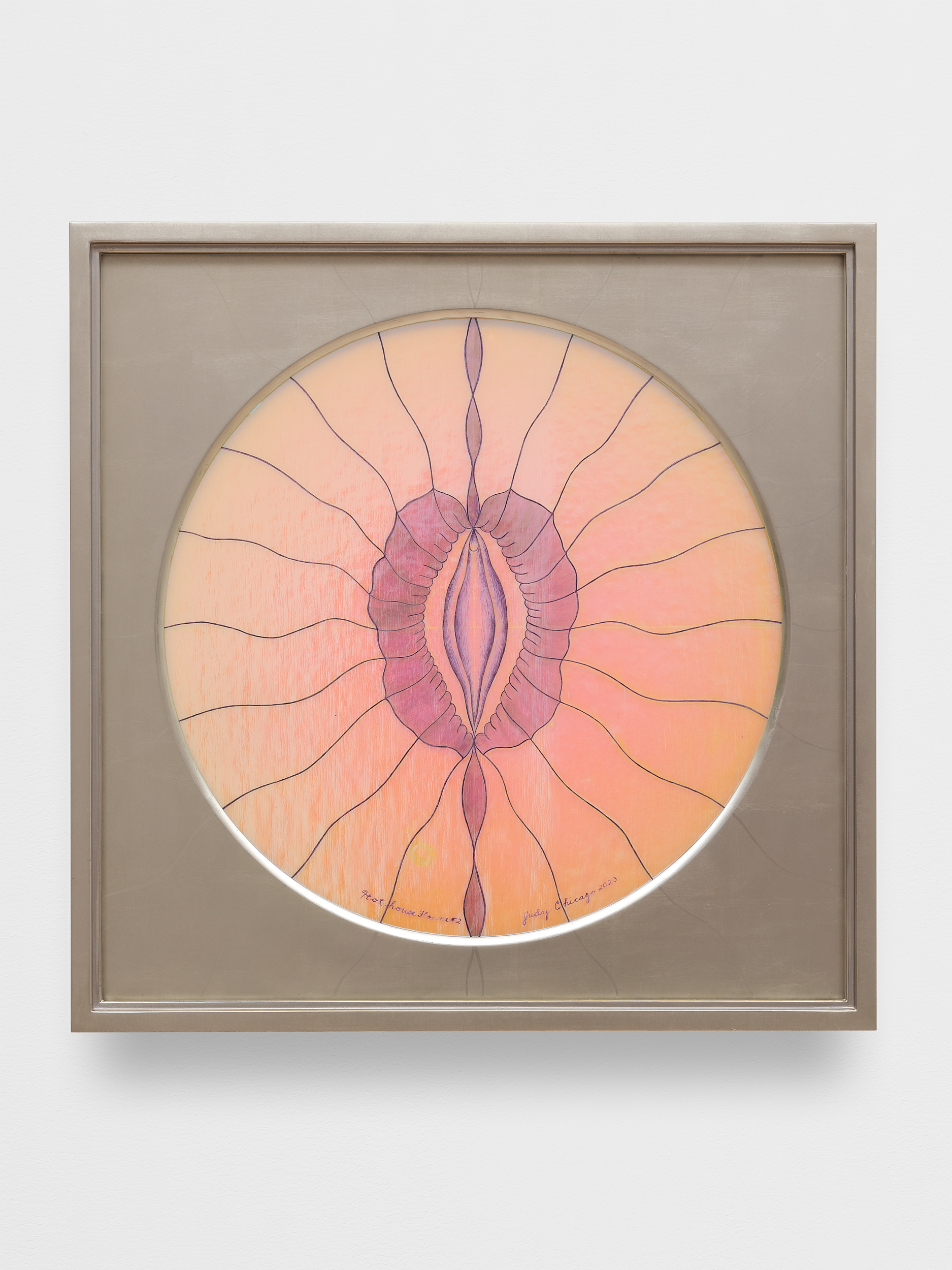 Judy Chicago<br><em>Dichroic Hothouse Flower 2</em>, 2023<br>China paint and lustre on glass, silver leaf on wood frame lightbox<br>24 x 24 x 2 1/2 inches / 61 x 61 x 6.3 cm