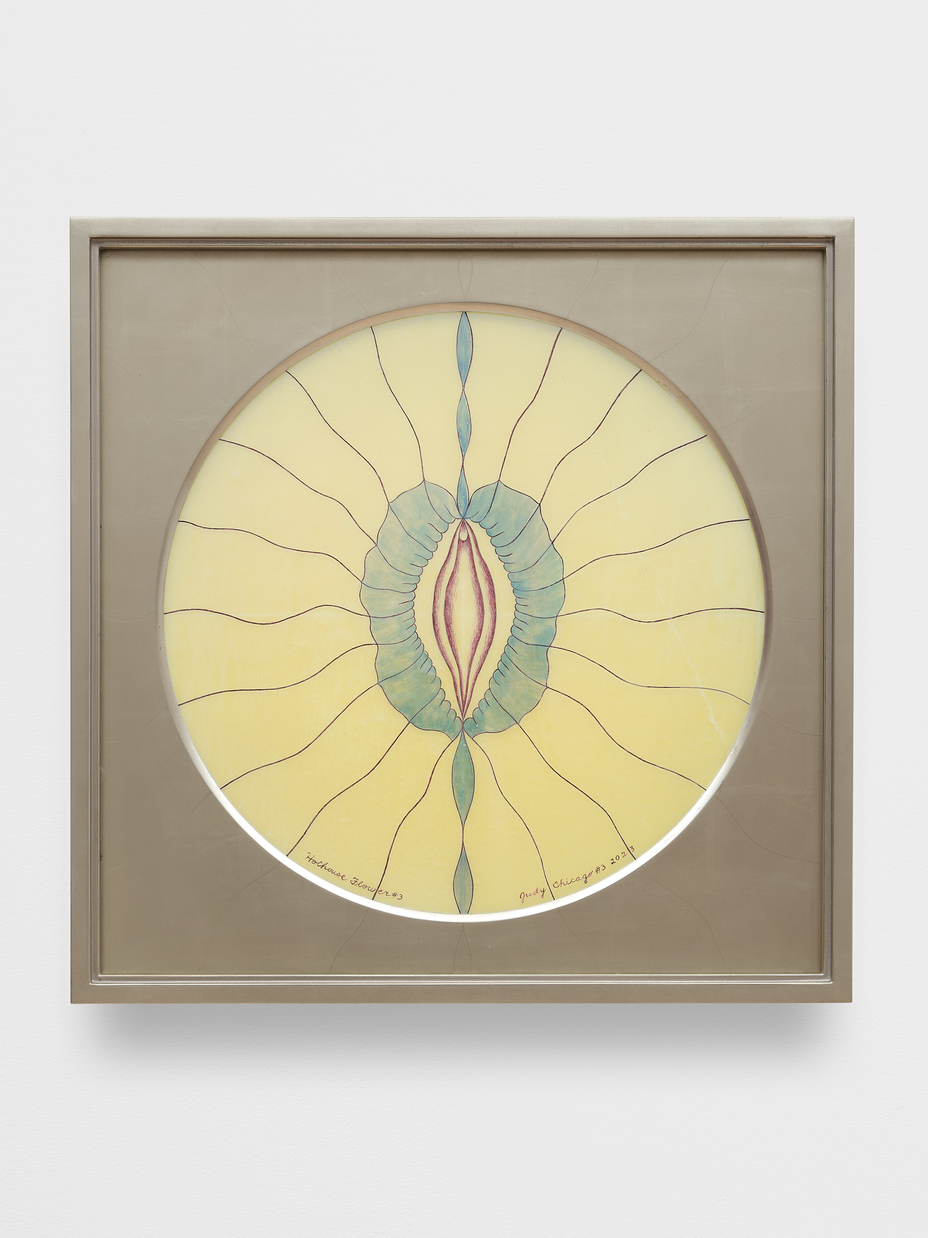 Judy Chicago<br><em>Dichroic Hothouse Flower 3</em>, 2023<br>China paint and lustre on glass, silver leaf on wood frame lightbox<br>24 x 24 x 2 1/2 inches / 61 x 61 x 6.3 cm